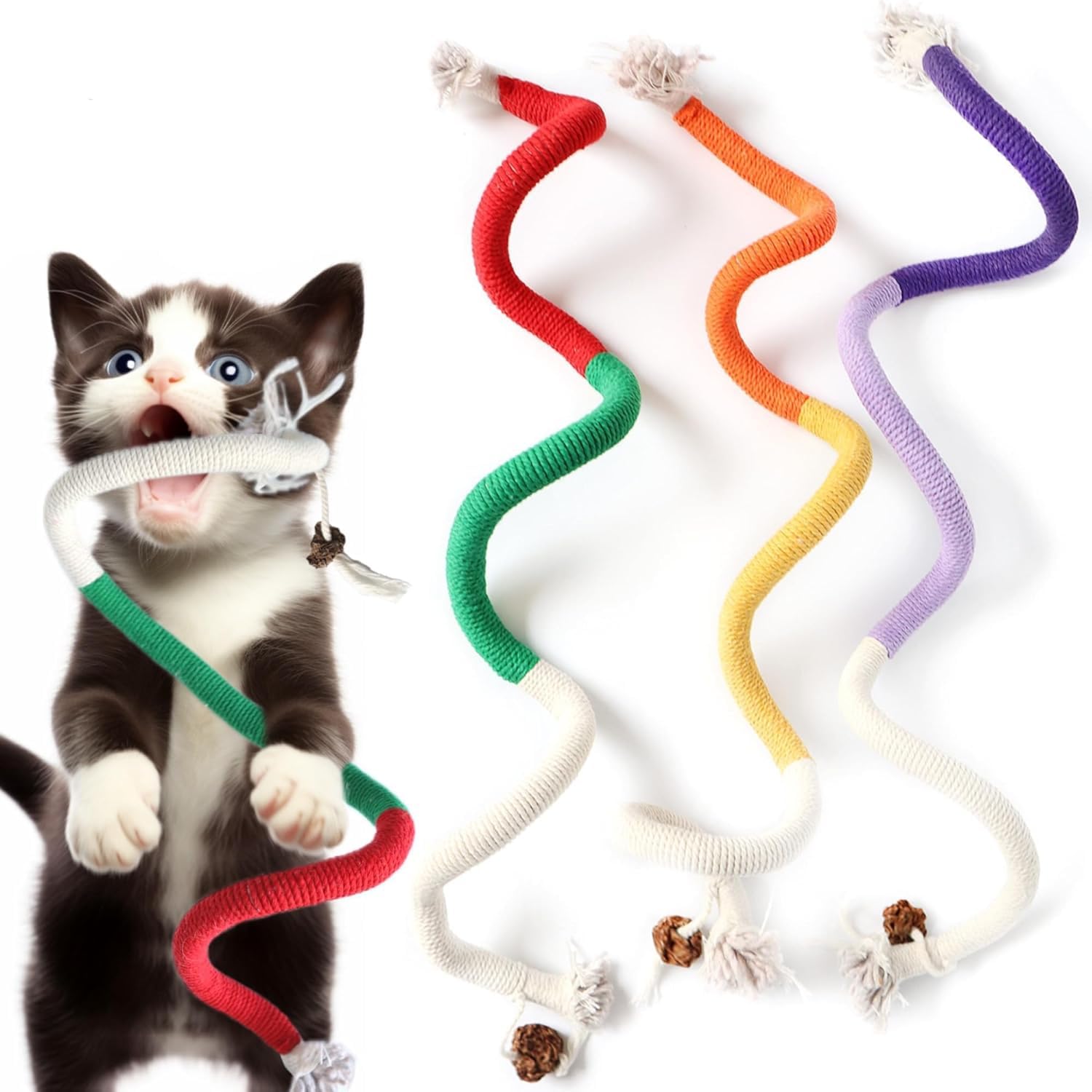 3PCS Cat Molar Scratch Toys, Self Play Extended Cat Cotton Rope Toys with Silvervine Fruit, Natural Catnip Kittens Cat Chew Toy for Teeth Cleaning, Interactive Cat Dental Stick for Cat Kitty (3PCS)