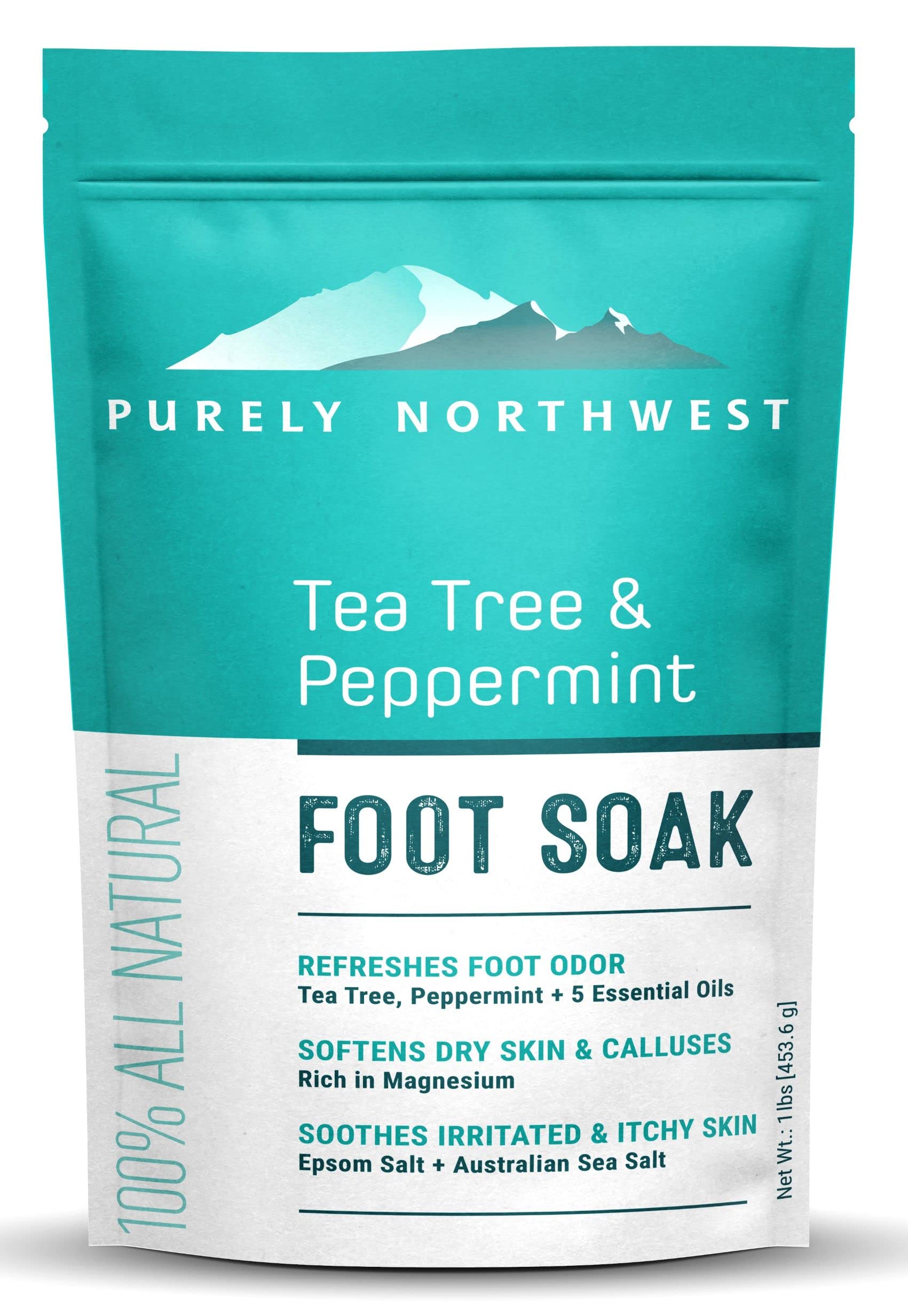 PURELY NORTHWEST-Tea Tree Oil & Peppermint Foot Soak with Epsom Salt-for Stubborn Foot Odor, Athletes Foot Burning & Itching, Damaged Discolored Nails-A Natural Callus Remover 16 Ounces