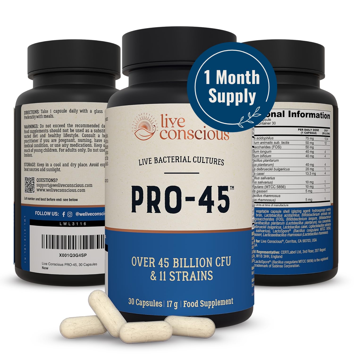 Live Conscious PRO-45 Potent Probiotics - Live Bacterial Cultures - 45 Billion CFUs and 11 Strains - 30 Day Supply