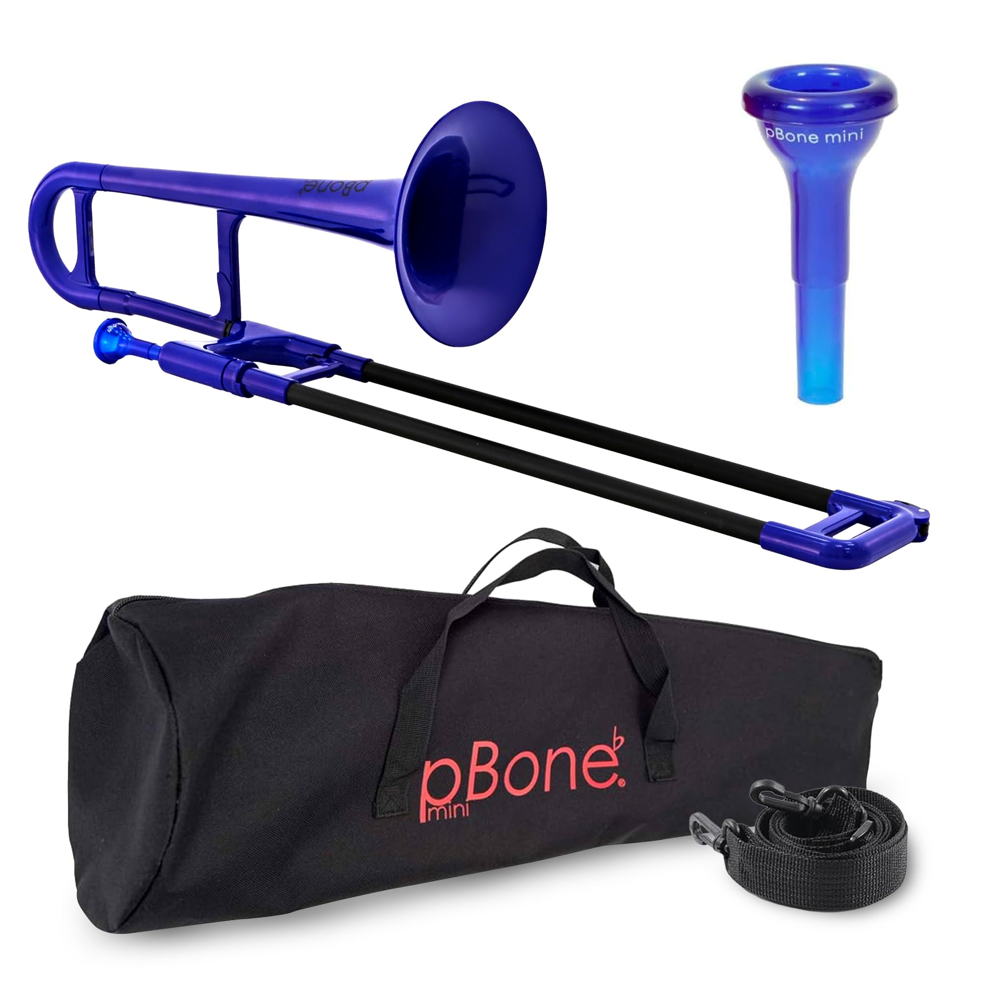 pBone PBONE2B Mini Plastic Trombone with Mouthpiece and Carry Bag Kids Beginner Children - Blue