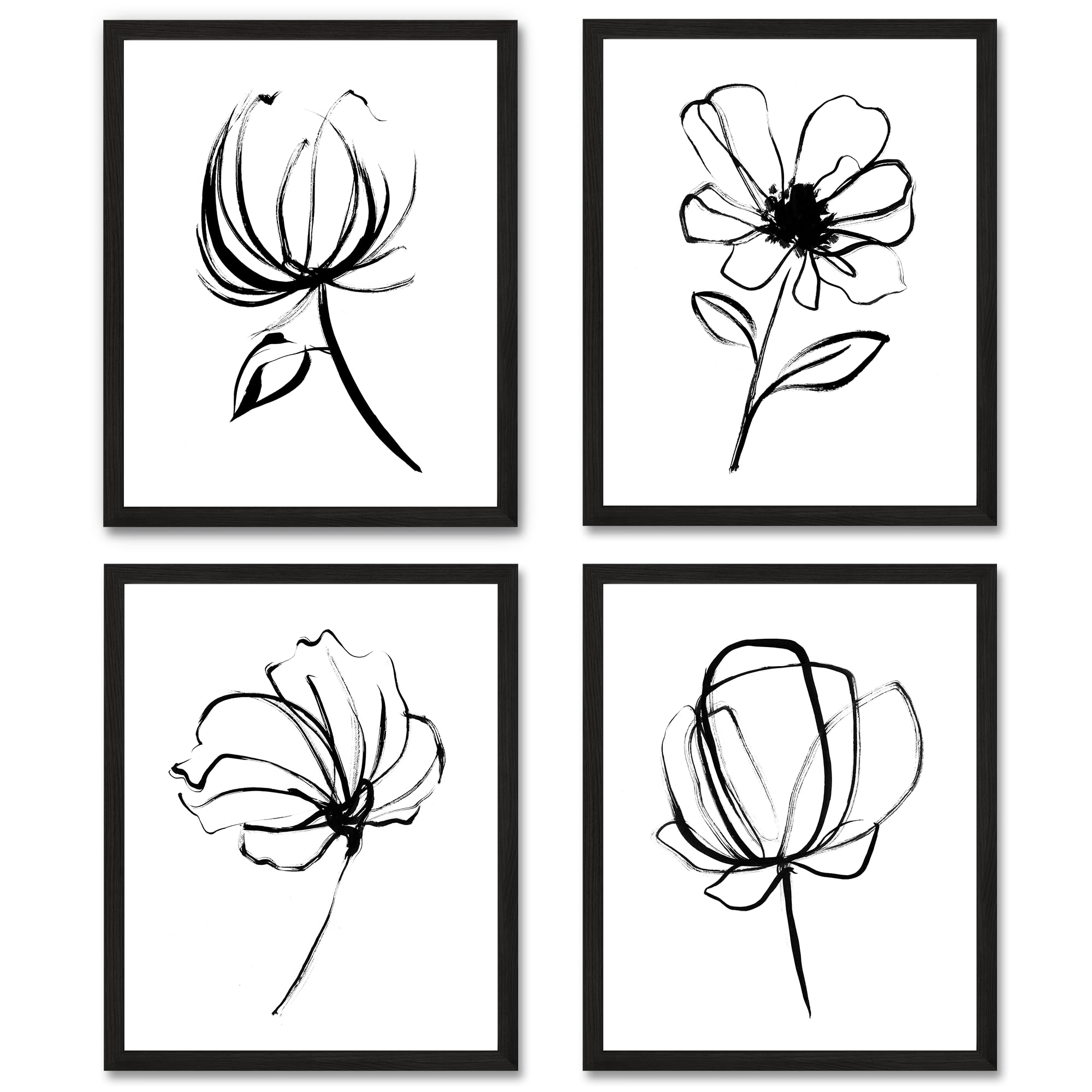 Minimalist Black White Flower Wall Art Print UNFRAMED, 8x10 set of 4, Simple Brush Drawing Floral Poster for Bedroom, Home Office Decor, Living room Artwork, Modern Kitchen, Farmhouse Aesthetic