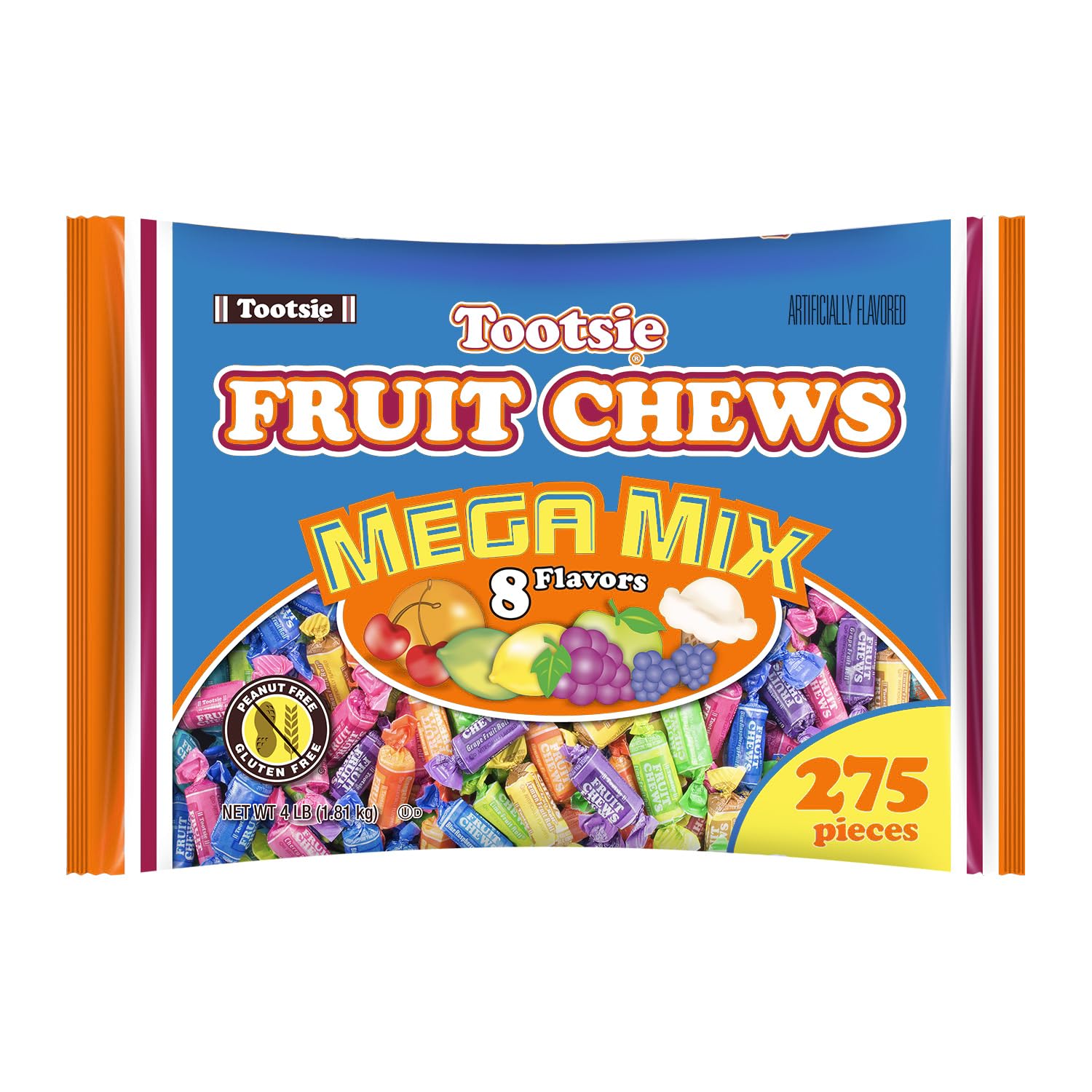 Tootsie Roll Fruit Chews Mega Mix 8 Flavors- 4 Pounds of Soft Fruity Rainbow Candy – 5 Classic Flavors Plus 3 BONUS - Peanut and Gluten Free (275 Pieces) Packaging May Vary