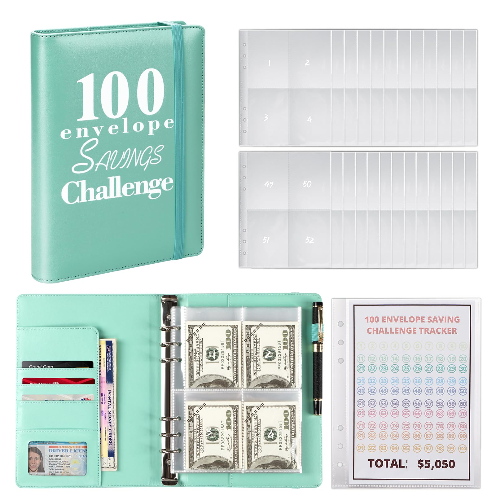 Toplive 100 Envelope Challenge Binder, Easy and Fun Way to Save $5,050, Savings Challenges Binder, A5 Budget Binder 6 Ring with Cash Envelopes for Budgeting Planner, Green