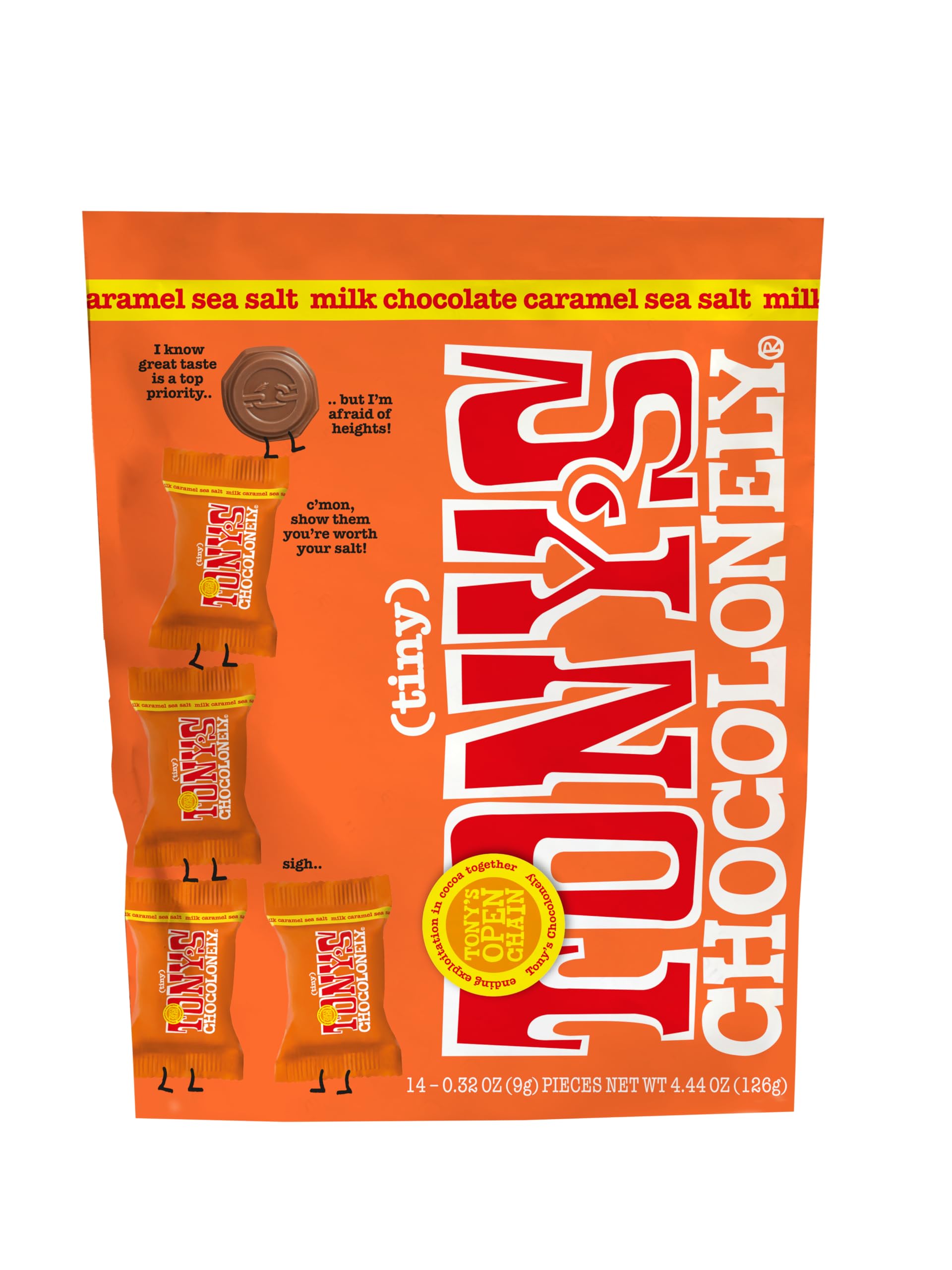 Tony's ChocolonelyMilk Chocolate with Caramel and Sea Salt - Belgium Chocolate, Fairtrade & B Corp Certified - 4.44 OZ (1 Pouch)