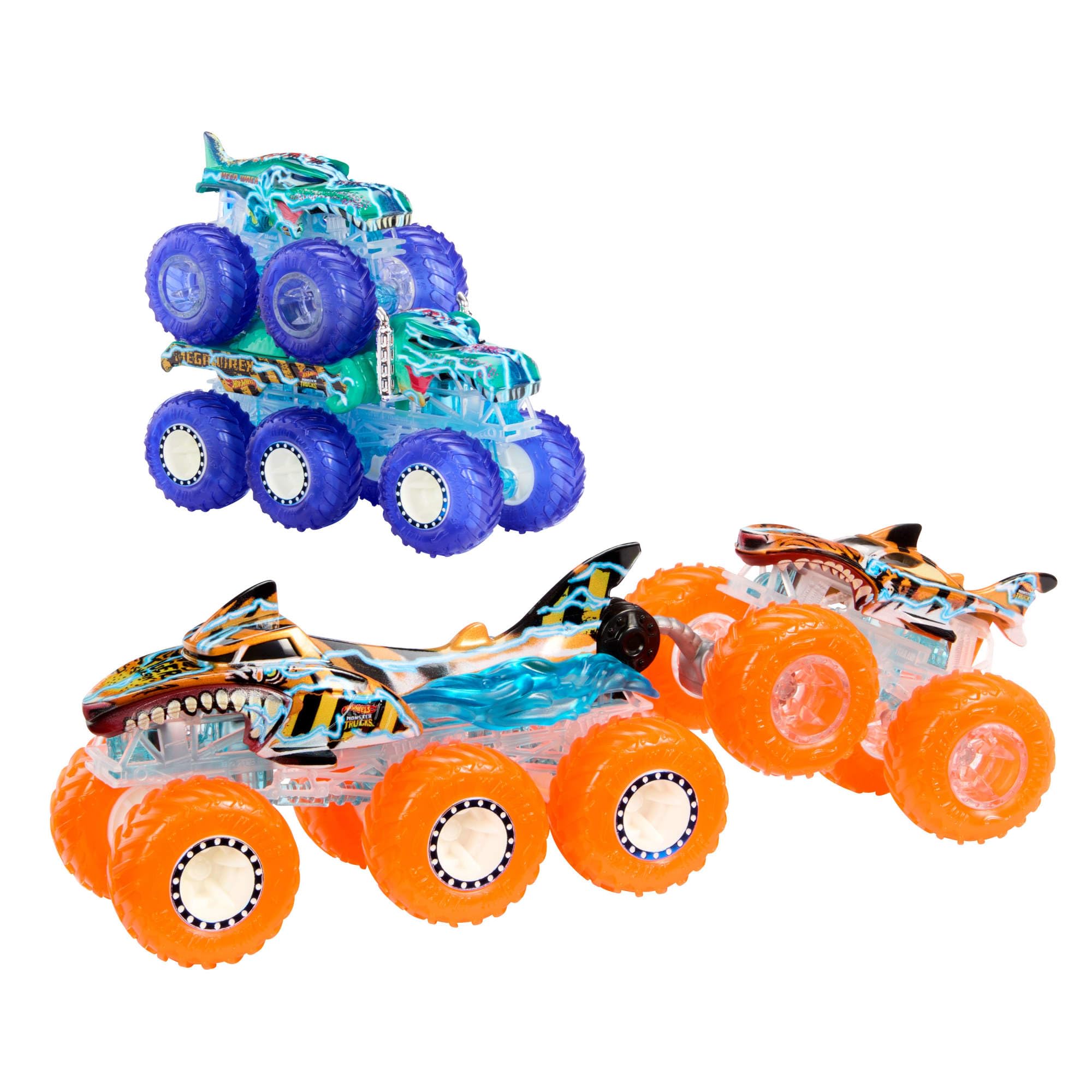 Hot WheelsMonster Trucks Toy Truck & Big Rig Multipack, 1:64 Scale Mega-Wrex & Tiger Shark with Big Rigs in Matching Power Smashers Deco