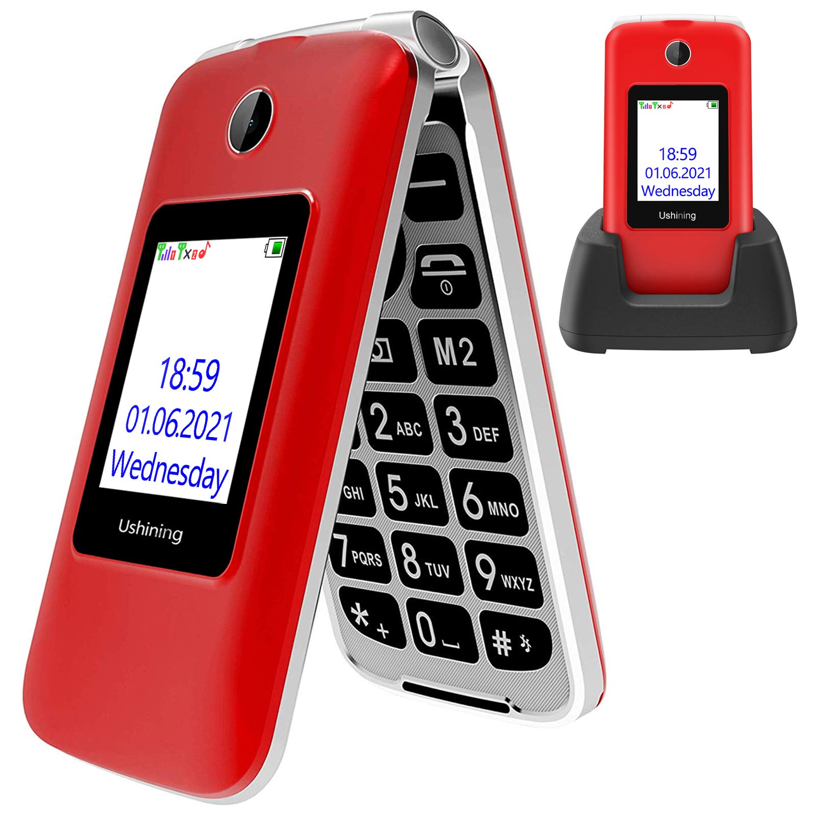 USHININGSenior Flip Mobile Phone,Big Button Mobile Phone For Elderly,Dual SIM Unlocked Card Long Standby with 2.8" Large Screen SOS Button FM Radio Torch and Charging Cradle Red