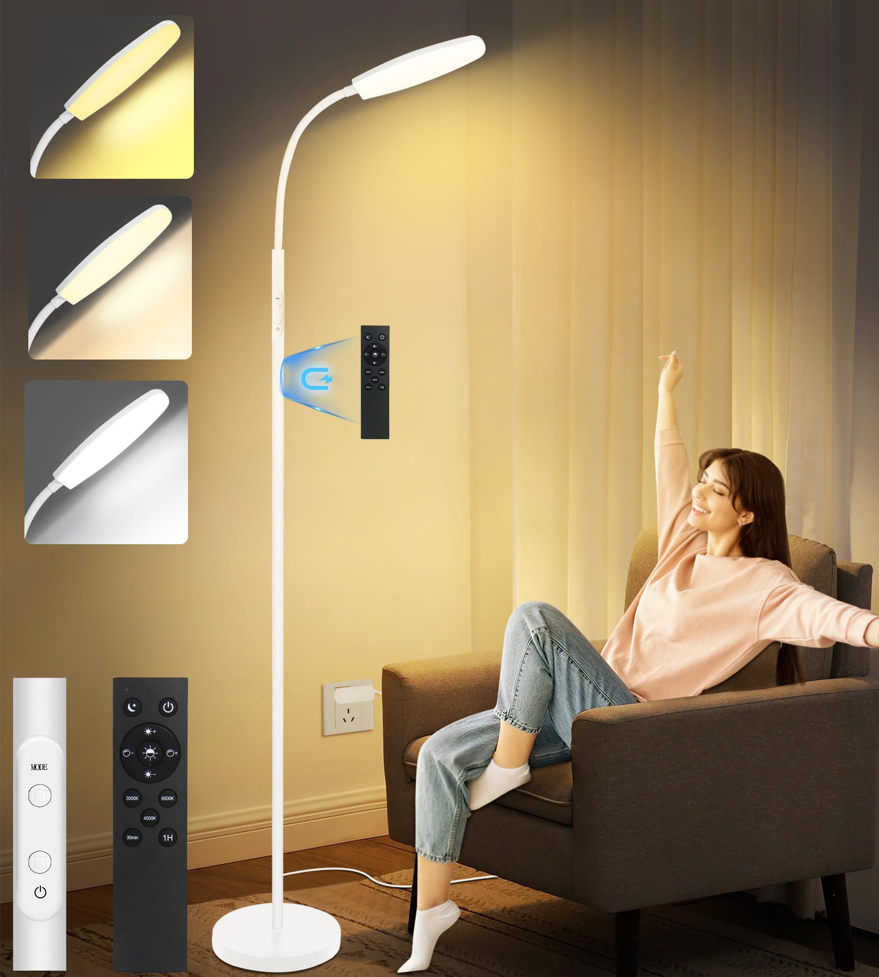 Light Therapy Lamp, 10000 Lux UV-Free Happy Therapy Lamp, Full Spectrum Sunlight Lamp with Remote Control, Light Therapy Floor Lamp with 10 Color Temperature & 6 Brightness & Timer