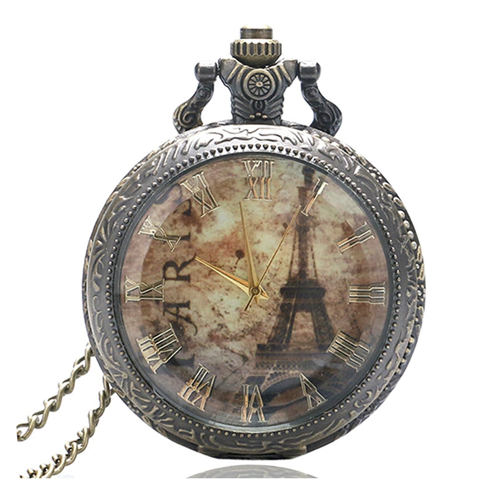 Paris France Eiffel Tower Half Hunter Bronze Effect Antiqued/Vintage Case Women's Quartz Pocket Watch Necklace - On 32" Inch / 80cm Chain, Paris #3