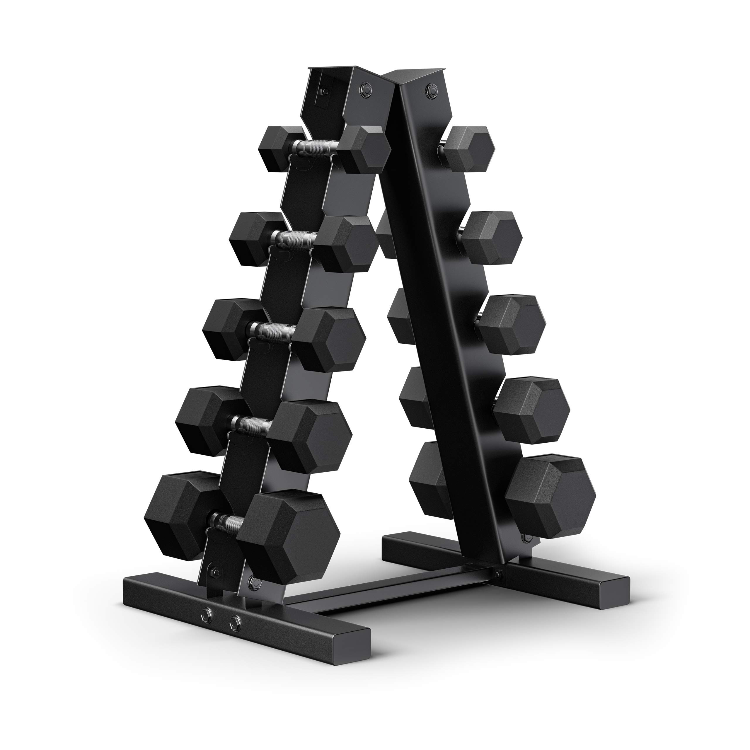 150 Pound Premium Hex Dumbbell Set - PVC Coated 5 Pair Black Dumbbell Set with A-Frame Rack - 5, 10, 15, 20 and 25 lb Dumbbells