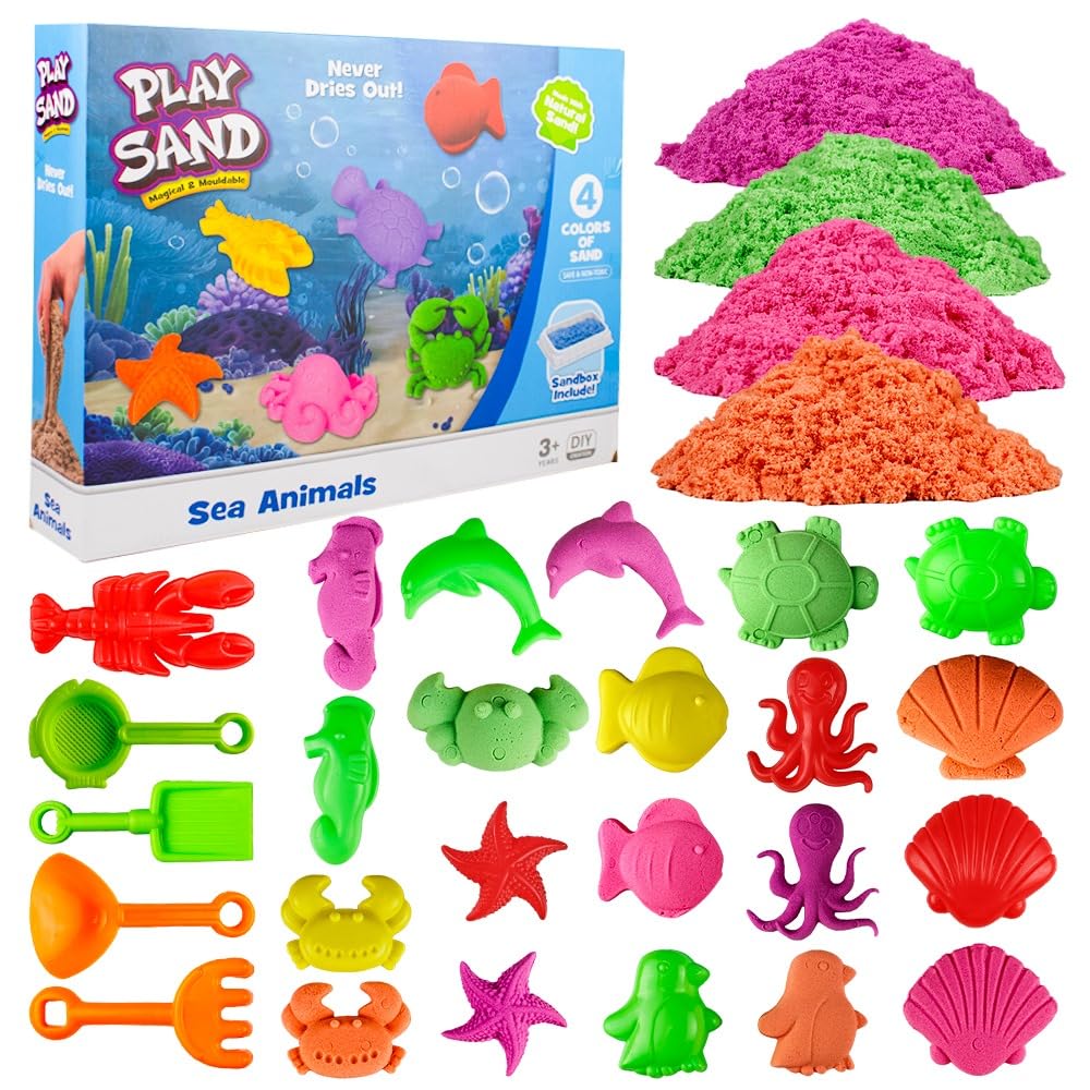 UKR Moldable Sensory Play Sand Set 750g/0.75Kg-Magic Sand Includes Sea Animals Molds &Tools for Indoor and Outdoor Play