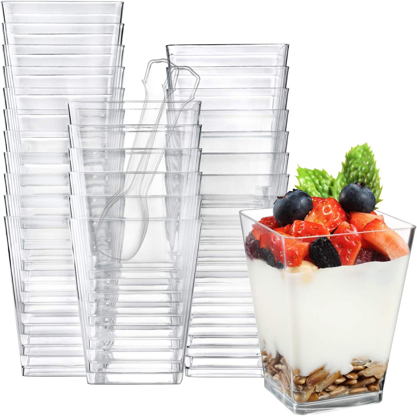 BePrincess Pack of 100 Square Plastic Dessert Cups with Spoons Small Tumbler Appetizer Cups, Great for Desserts, Appetizers, Puddings, Mousse, Parfait Reusable Serving (Clear, 5 oz/150ml)