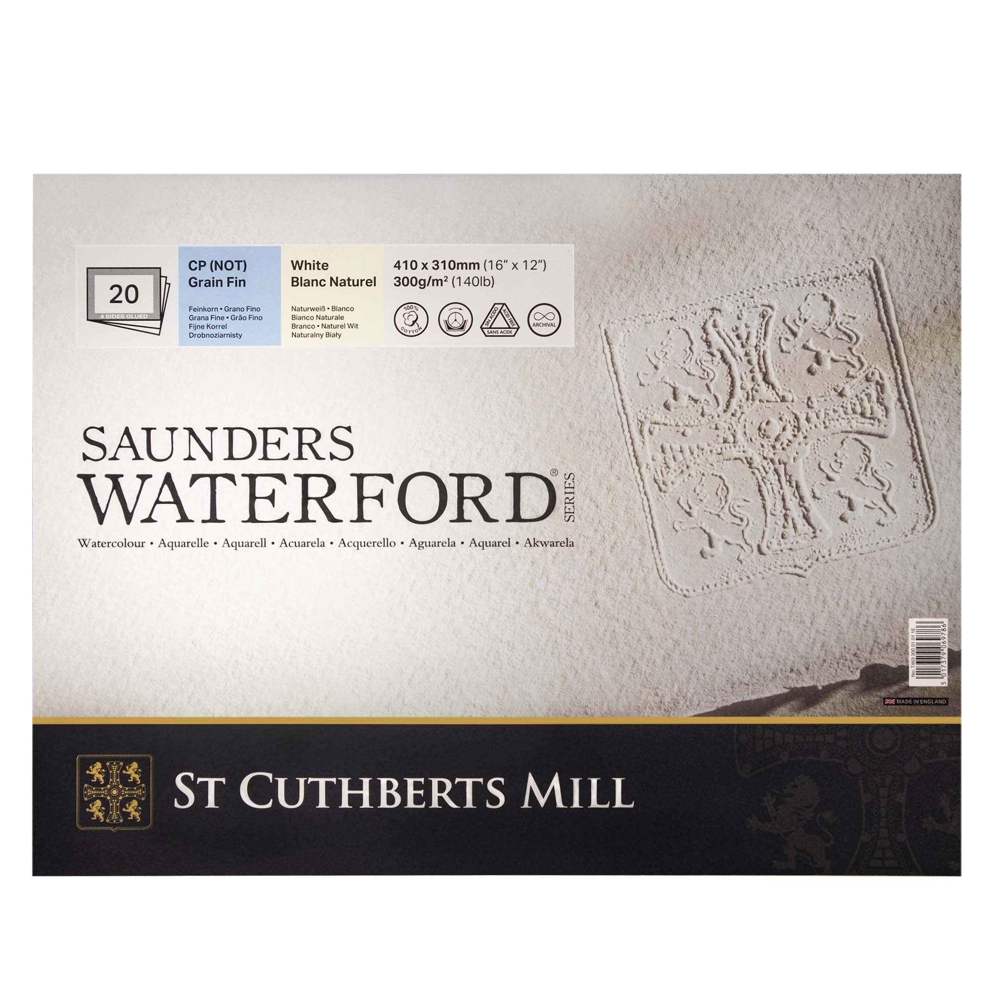 St. Cuthberts Mill Saunders Waterford Watercolor Paper Block - 16x12-inch White 100% Cotton Watercolor Paper - 20 Sheets of 140lb Cold Press Watercolor Paper for Gouache Ink Acrylic Charcoal and More