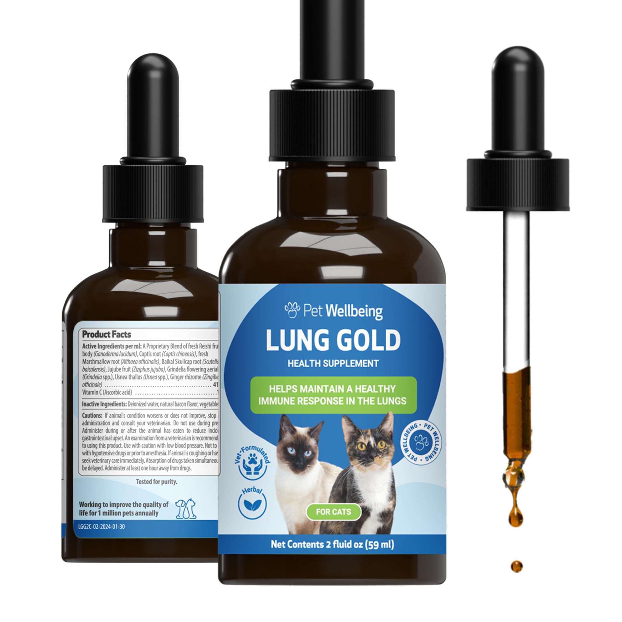 Pet Wellbeing - Lung Gold for Cats - Natural Breathing Support for Felines - 2oz (59ml)