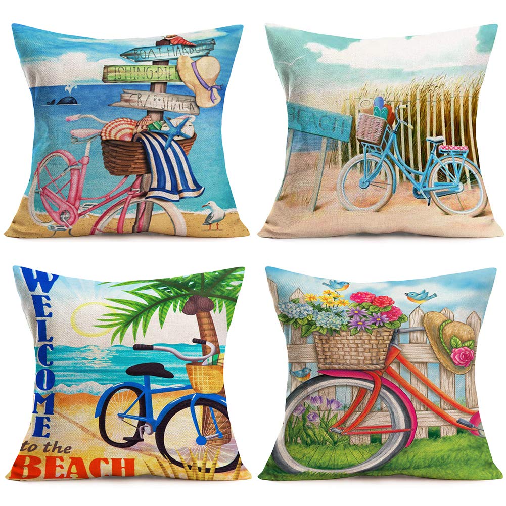 Qinqingo Spring Summer Pillow Covers Beach Fresh Flower Basket Bicycle Decorative Throw Pillow Case Summer Farmhouse Cushion Cover for Home Outdoor Decor 16 x 16 Inch, Set of 4