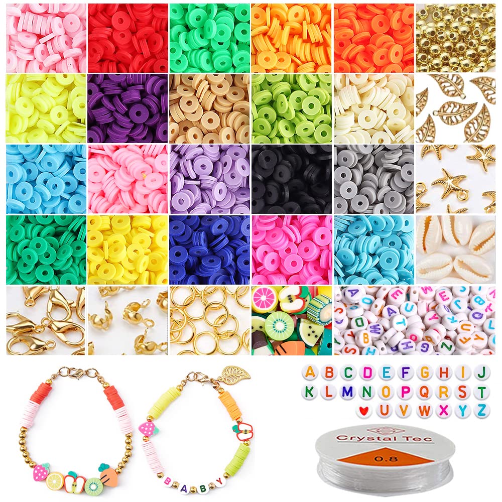 Clay Beads for Bracelets, 5400 Pcs Heishi Beads, Flat Round Disk Spacer Beads Jewelry Making Kit for Bracelet Necklace Earring DIY Craft Kit with Letter Beads, Gold Beads, Pendants, 20 Colors 6mm