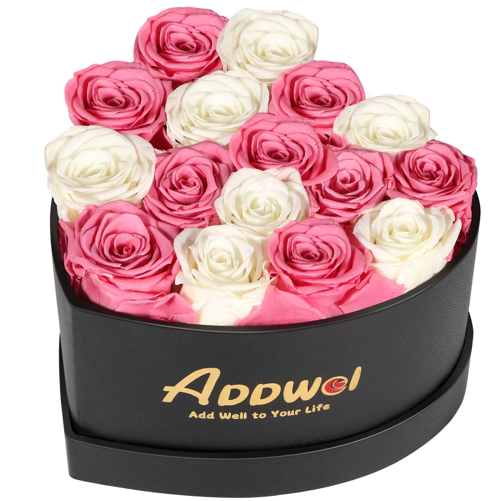 ADDWelPreserved Roses Gifts for Women, Fresh Flowers Bouquet in a Box That Lasts Years - Eternal Roses Gifts for Birthday Anniversary Valentines Day Mothers Day (Pink & White, 16 Roses)