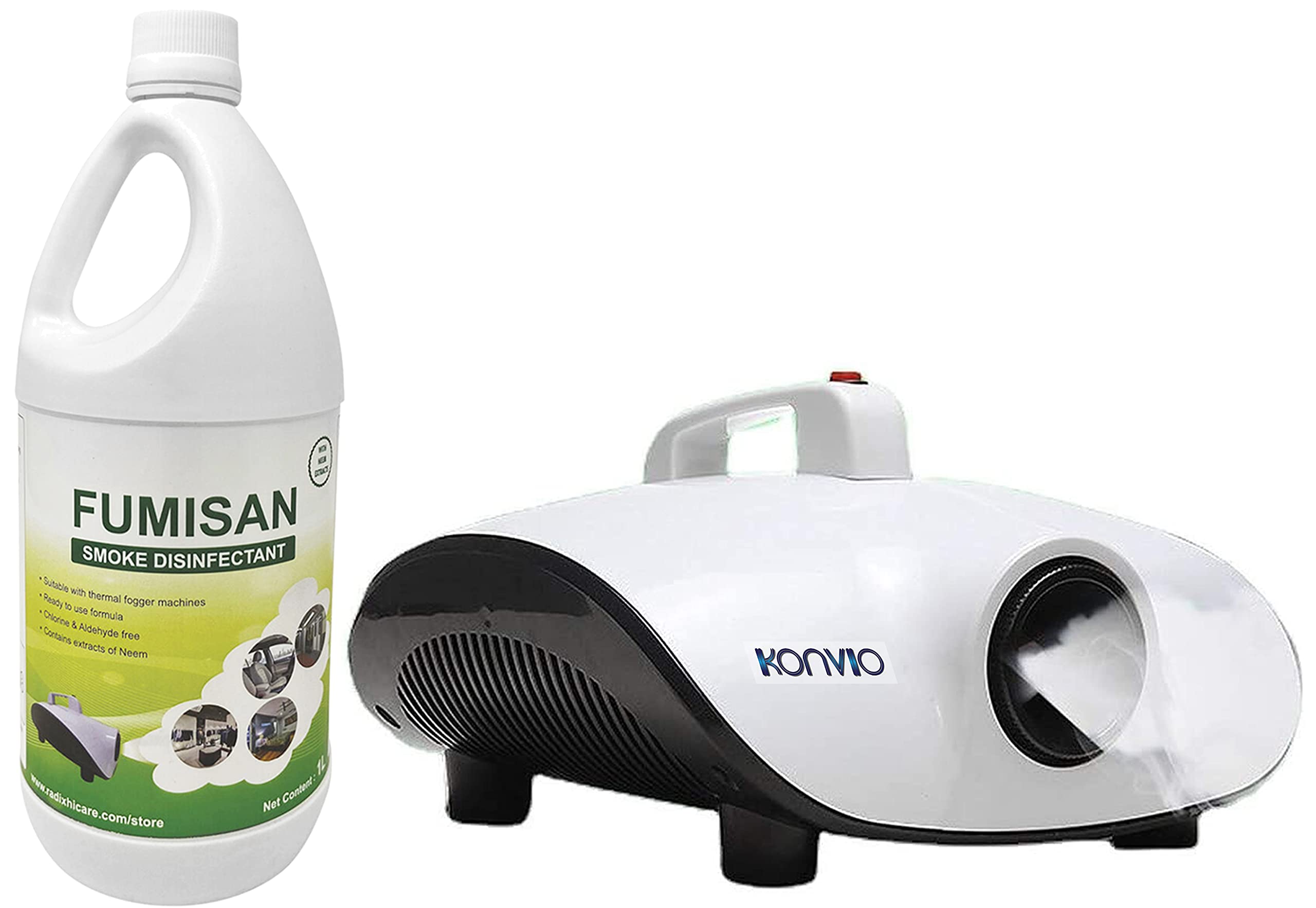 Konvio Fogging Machine with Fumigation Liquid | Disinfectant Machine and Solution for all kinds of Sanitizing Purpose | Mini Fogger for Home, office, Commercial and Multi Purposes (1L Fumisan)