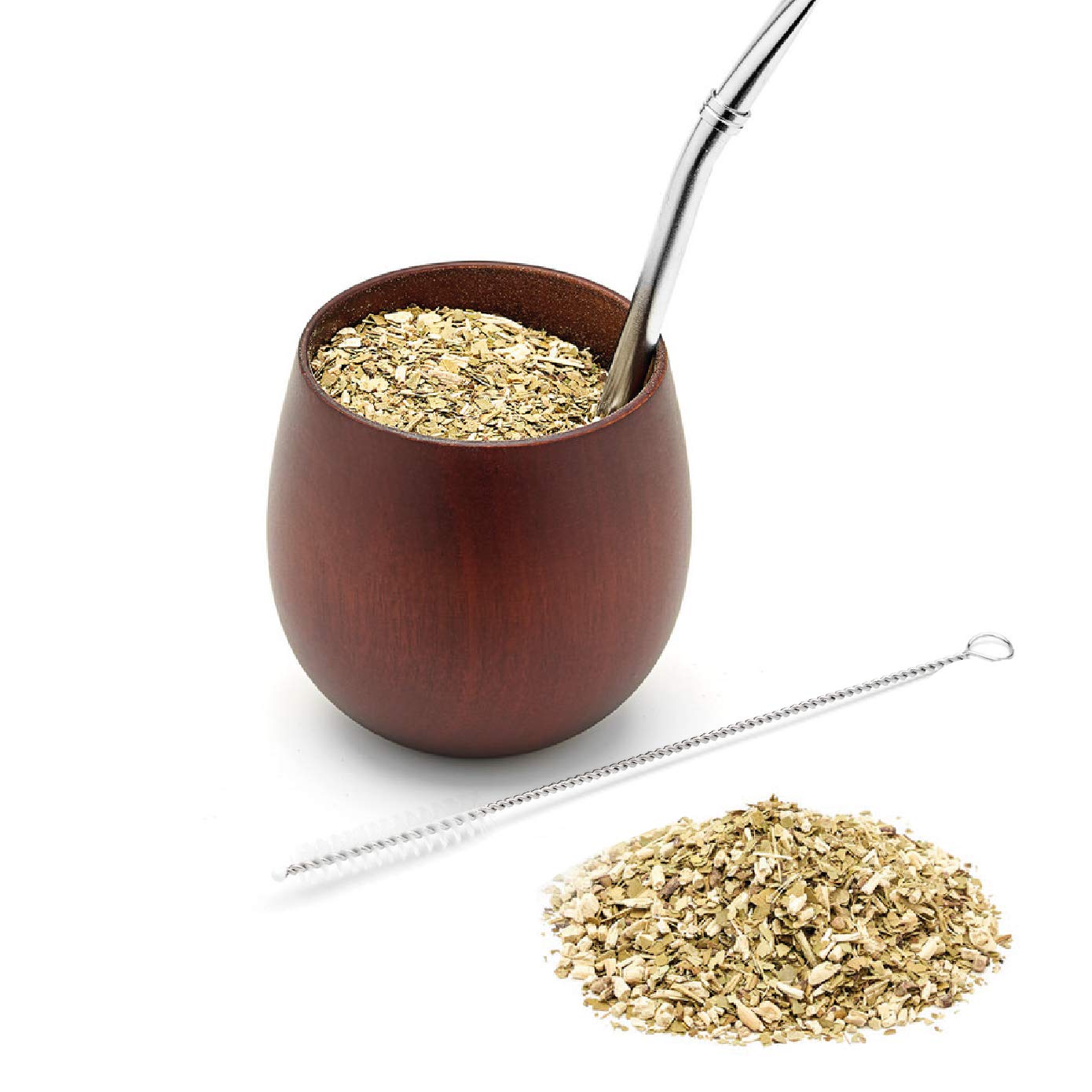 BALIBETOV - New - All Natural Jujube Wood Yerba Mate Gourd Set (Mate Cup) - Includes Stainless Steel Bombilla Straw and Cleaning Brush - Mate Gourds for Yerba Mate Loose Leaf Drinking. (Dark Brown)