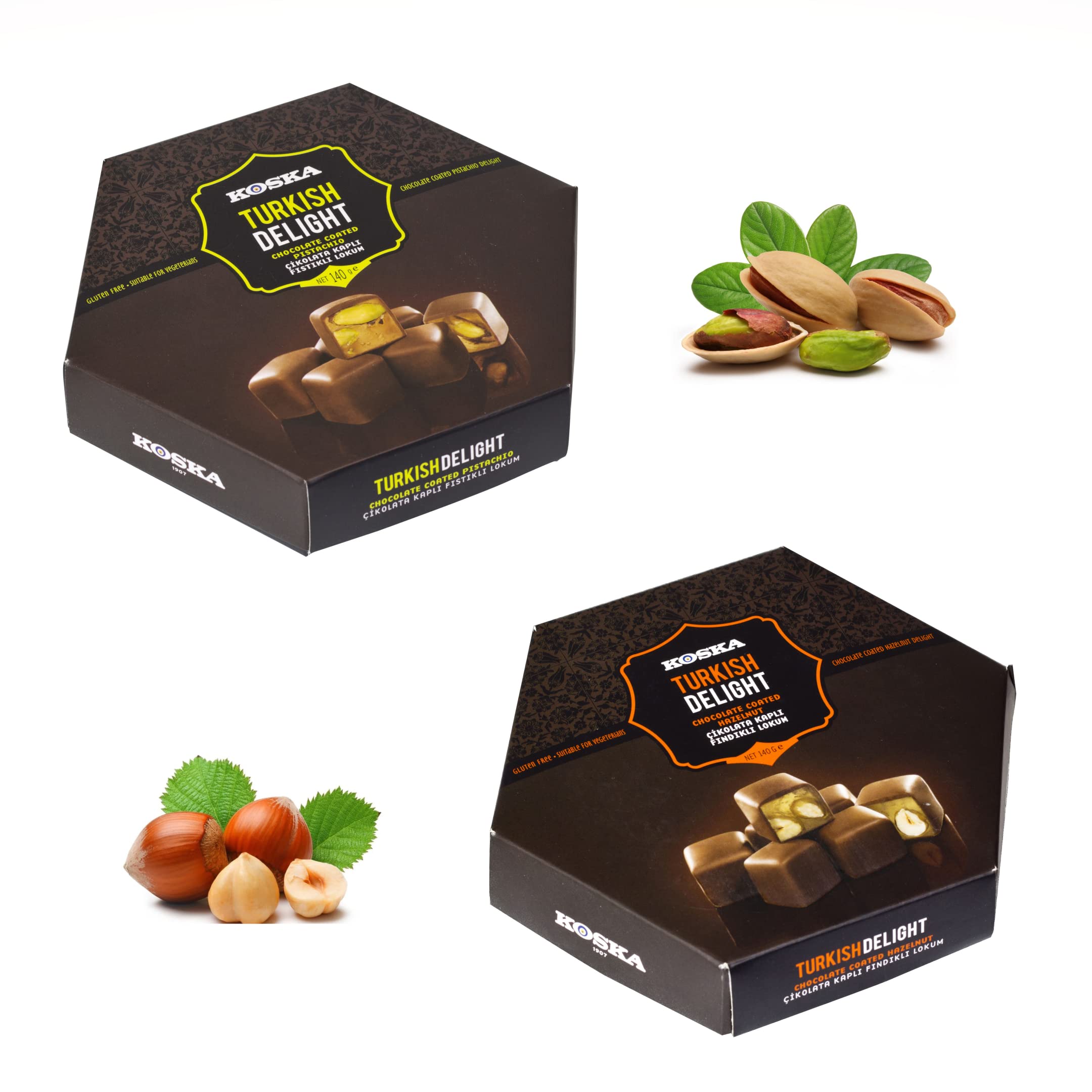 Turkish Delight Chocolate Coated Candy Gifts with Pistachio and Hazelnut | Pack of 2 | Sweet Snack Traditional Confectionery Vegetarian Soft Dessert Lokum (Loukoumi)