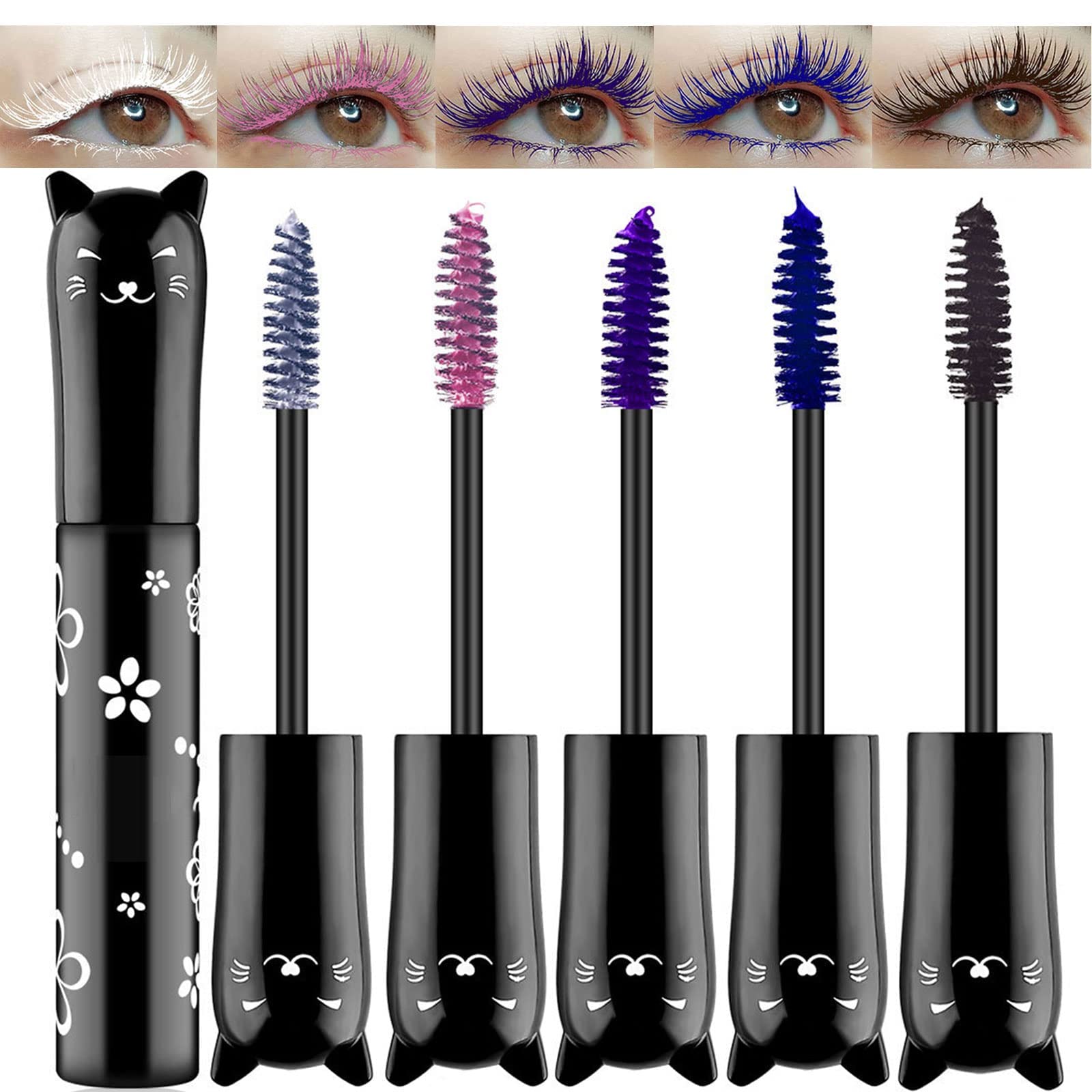 Colored Eyelash Mascara Set, 5 Colors Colorful Waterproof Rainbow Fiber Eyelashes Long Lasting Thick Volume Eye Lash for Women Cruelty Free Vegan Natural Makeup All Day