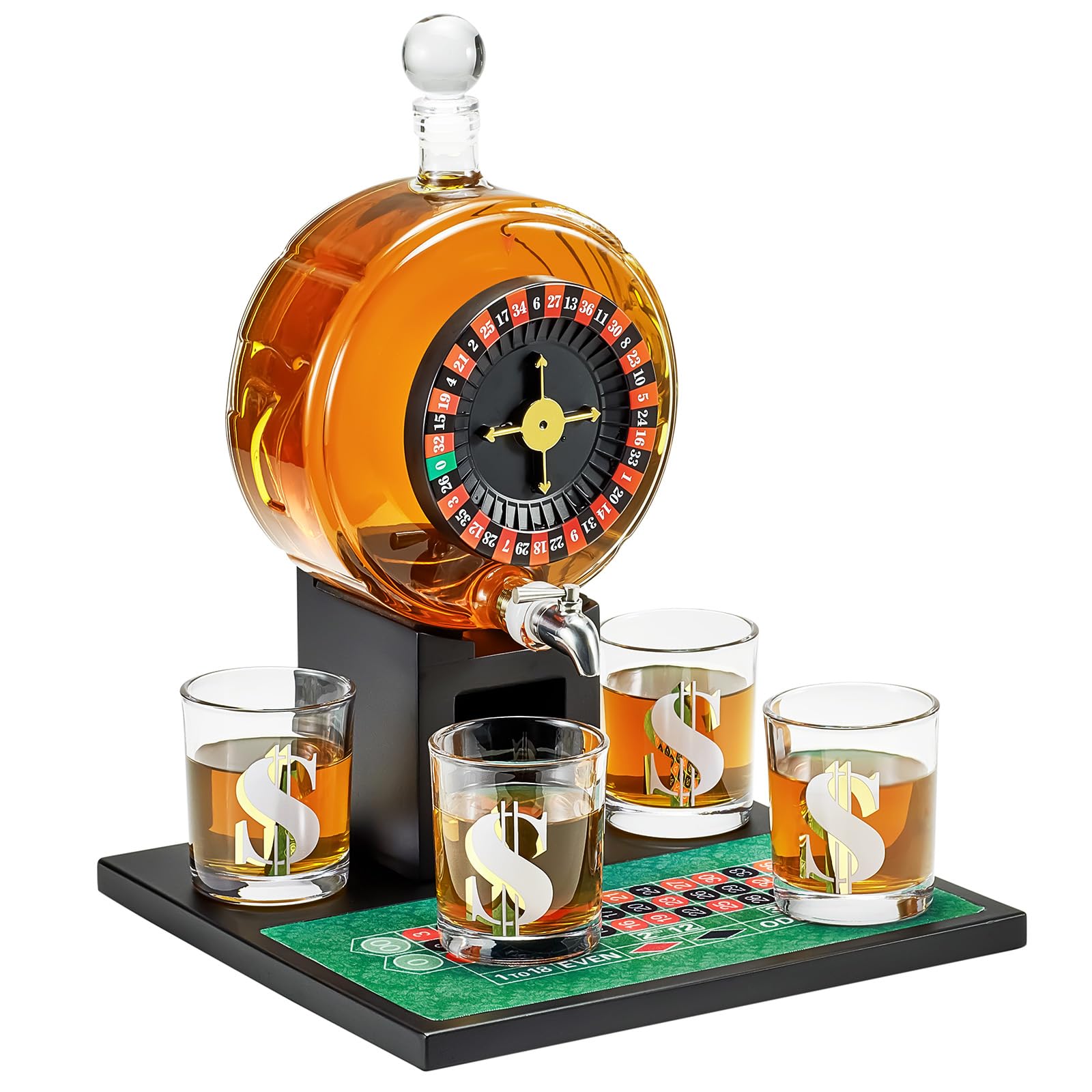 Kollea Roulette Whiskey Decanter Set, 60.9 Oz Casino-Style Slot Decanter with 4 Dollar Glasses, Cool Christmas Birthday Gifts for Men Dad, Him, Liquor Dispenser for Anniversary, Bar, Poker Game Night