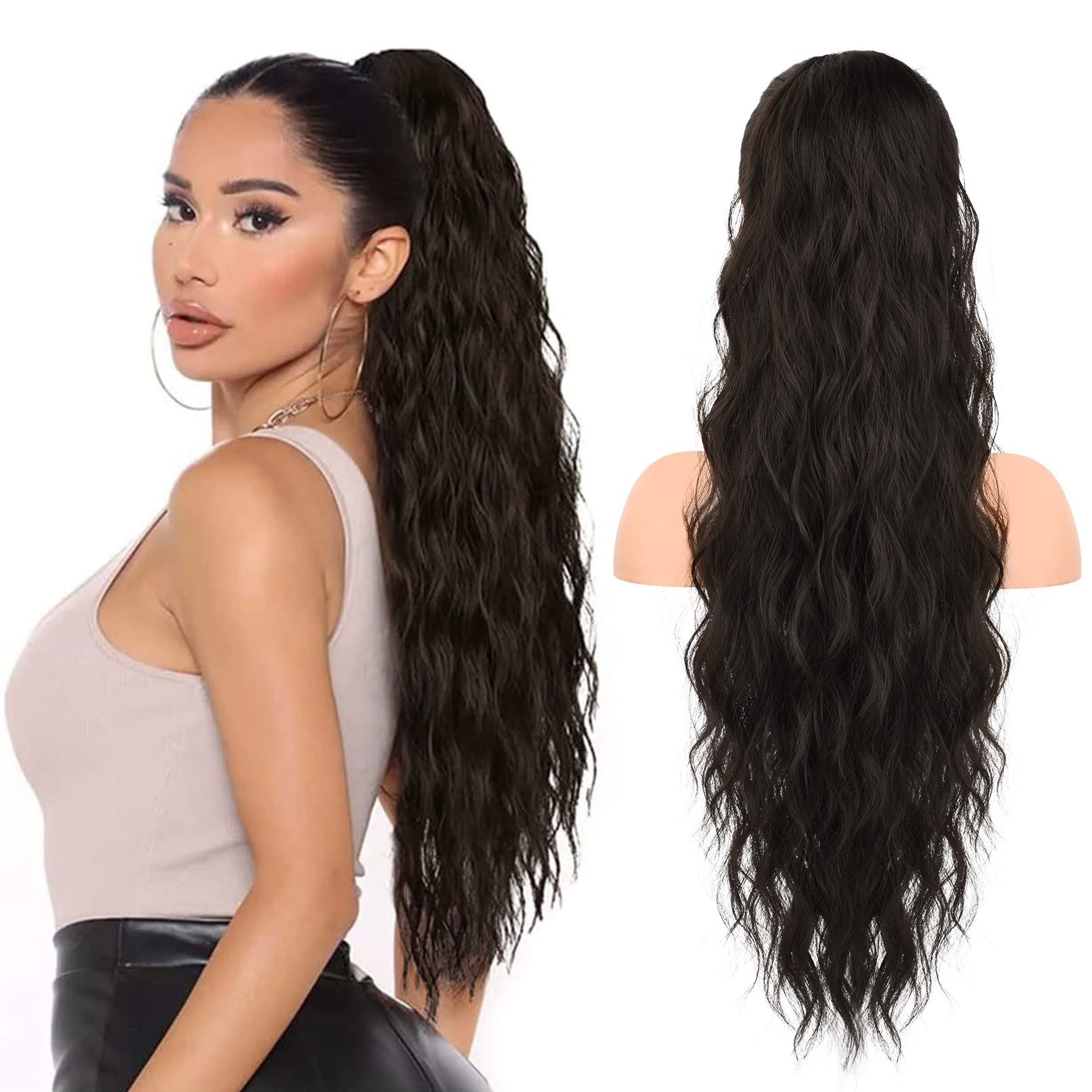 SEIKEA 26" Ponytail Extension，PT003 Eva Long Drawstring Ponytail Wavy Clip in Hair Extensions Ponytail Natural Soft Synthetic Hairpiece for Women Black Brown