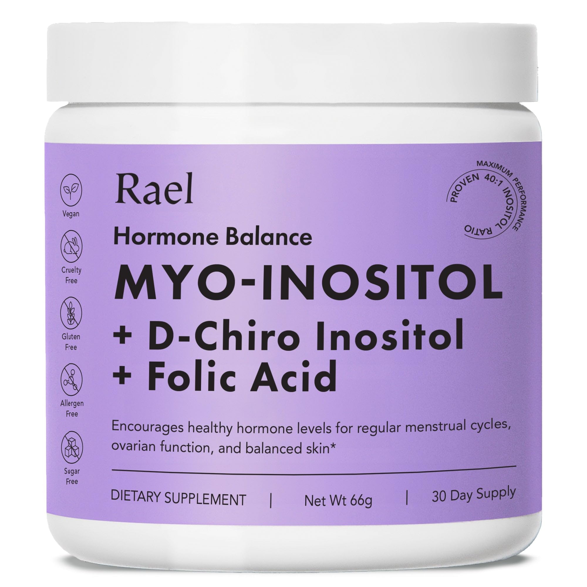 RaelHormone Balance for Women, Myo Inositol Powder - Myo-Inositol & D-Chiro Inositol Supplement, Menstrual & Ovarian Function, Vitamin B8, 40:1 Ratio, Folic Acid, Vegan (30 Day Supply)