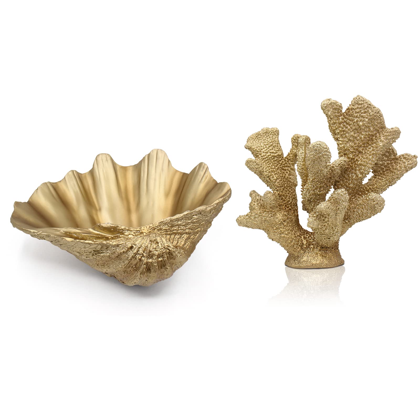 ALIWINER Gold Coral Decor Gold Coral Reef, Faux Artificial Coral Statue, and Seashell Bowl Resin Large Clam Shell Nautical Decor for Beach Theme Home, Wedding, Tabletop Window Display