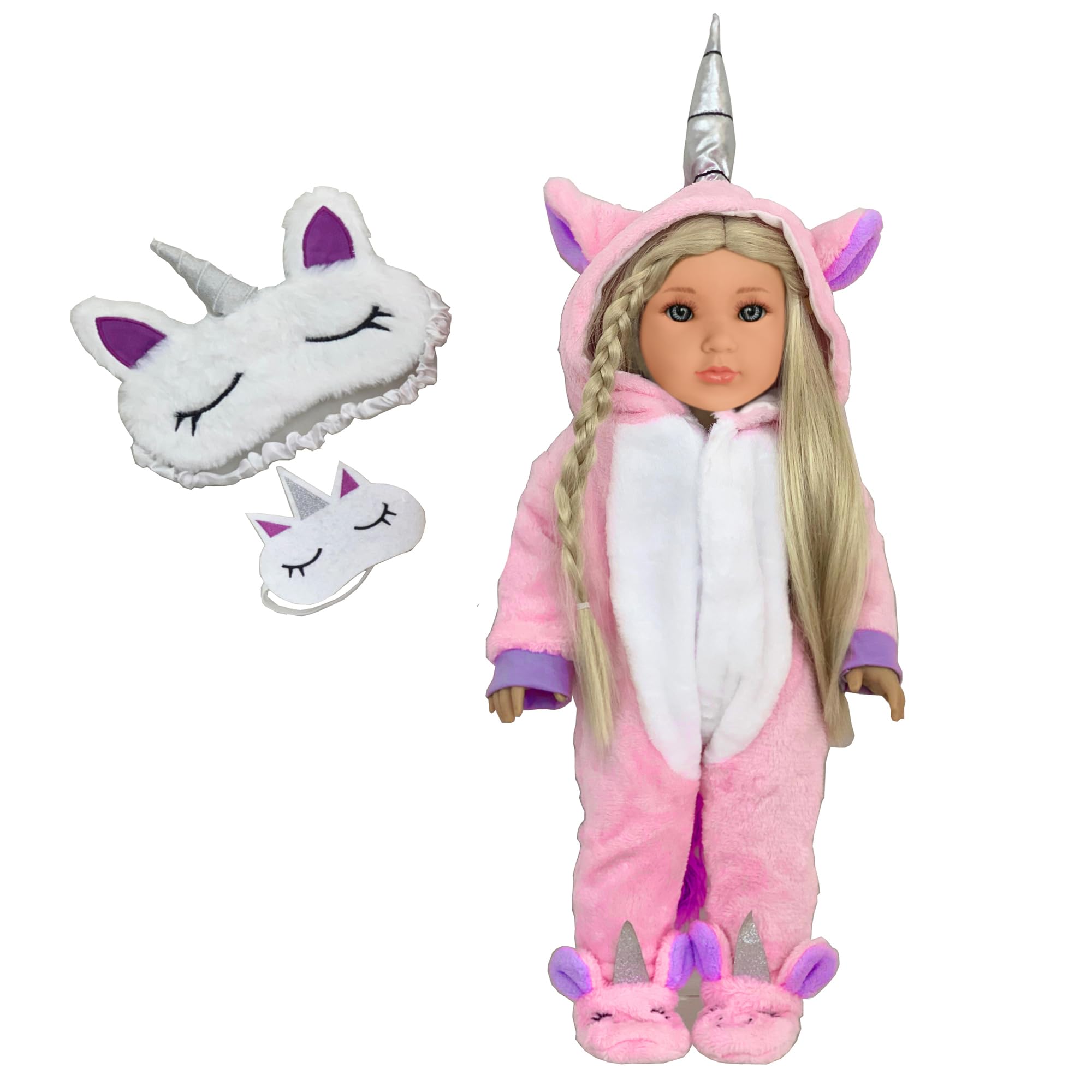 "MY GENIUS DOLLS Clothes - Unicorn Onesie Pajama with Matching Sleepover Masks - Clothes for 18 inch Dolls Like Our Generation, My Life, American Girl Doll. Accessories for Slumber Party Favor