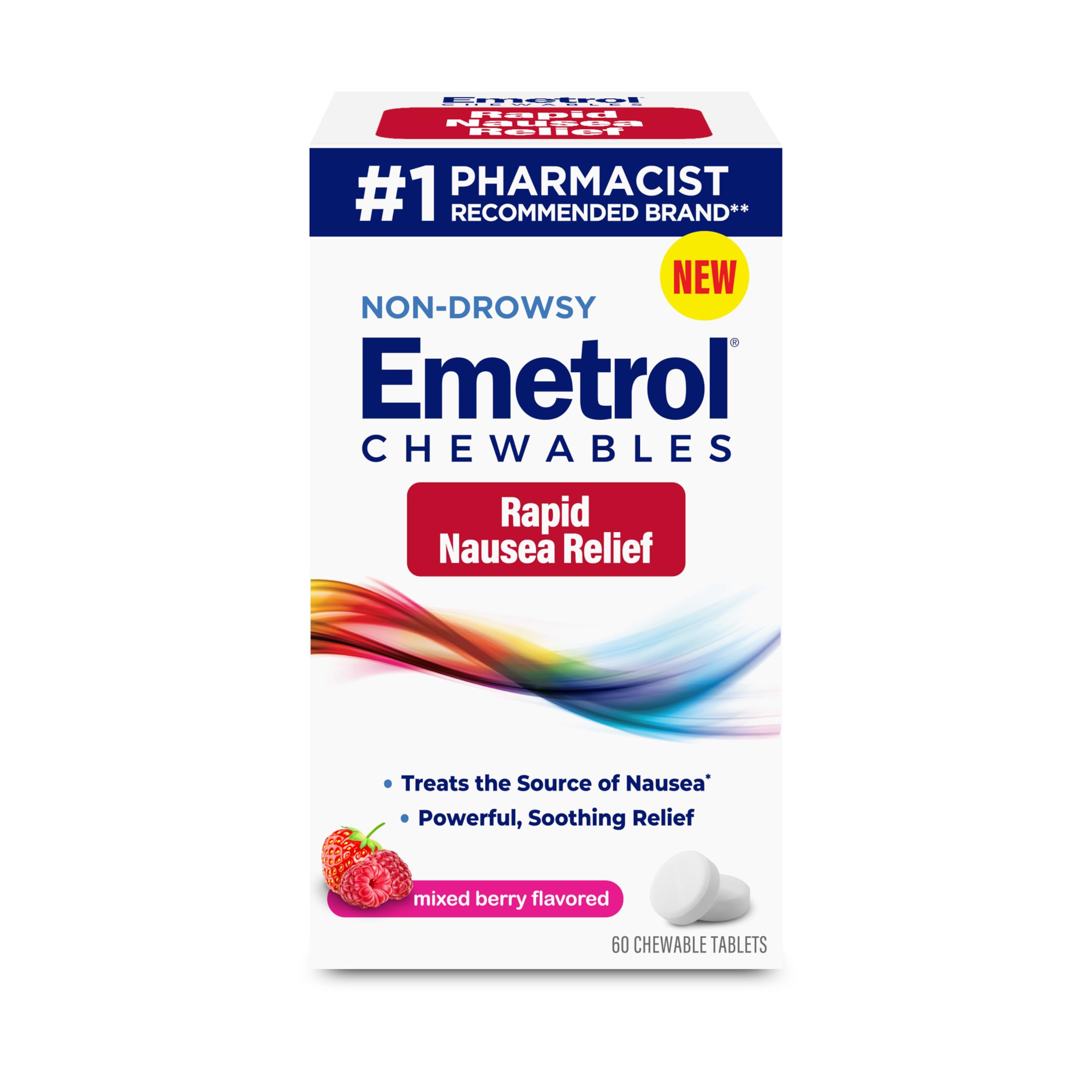 Emetrol Non-Drowsy Nausea Relief - Chewable Nausea Medicine for Upset Stomach Relief - Pharmacist Recommended Nausea Relief - Mixed Berry - 60 ct.