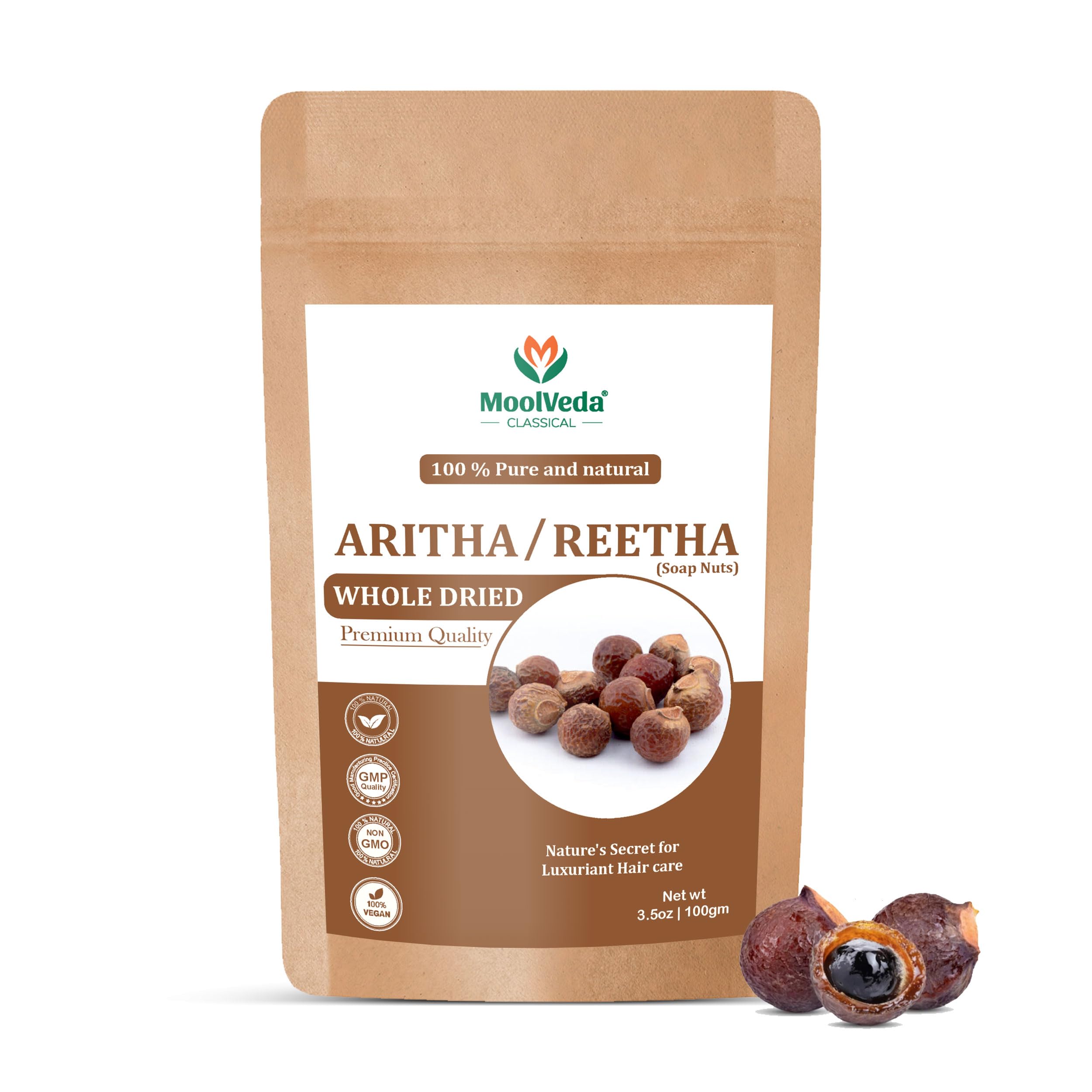 Moolveda Pure Aritha/Reetha/Soap nuts whole Dried organic for hair color, makes shiny and strong hair, reduces hair fall and dandruff, 100gm