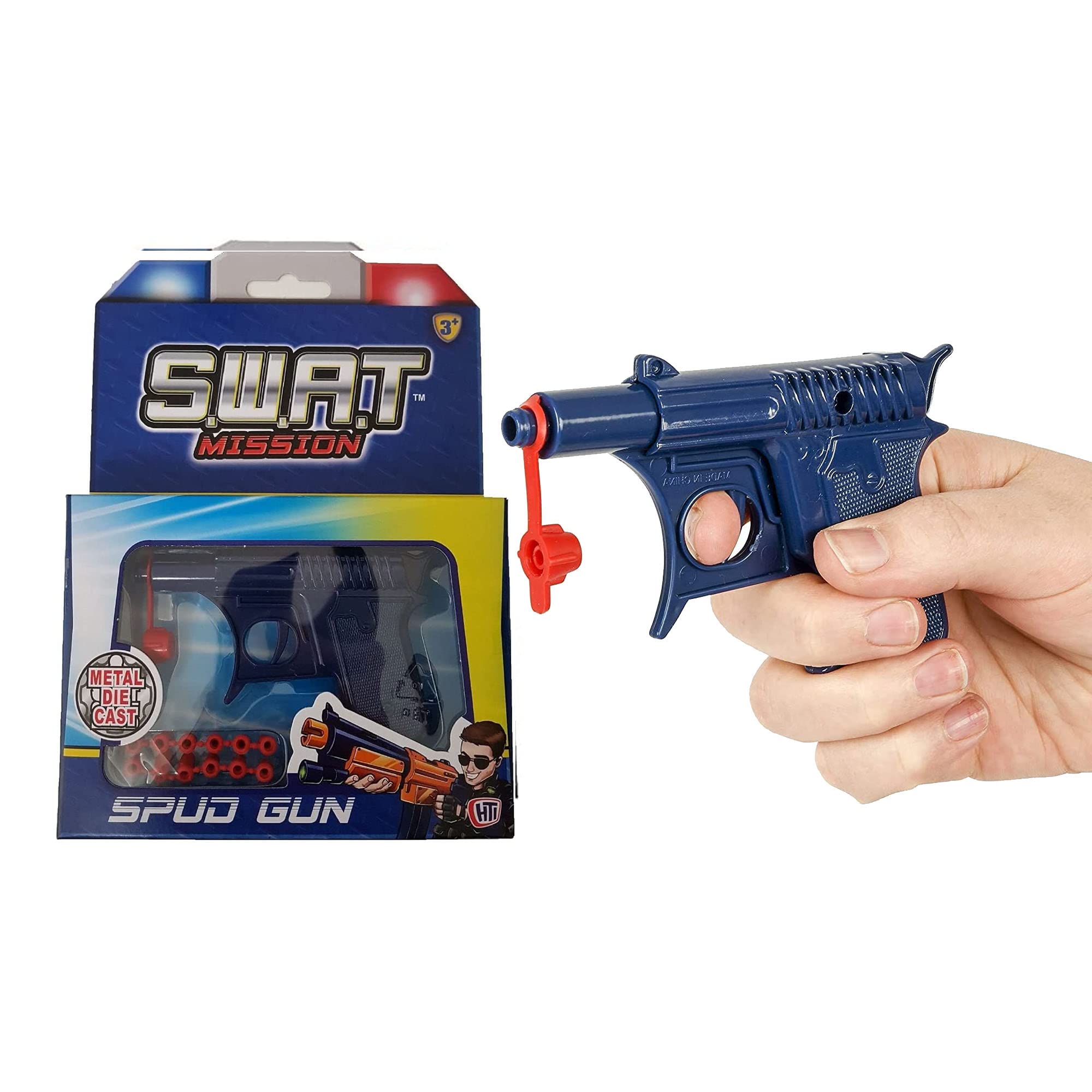 Die Cast Metal Spud Gun Pistol, Great Retro Fun for Kids & Adults, Role Playing Toy Gun with 12 Soft Rubber Bullets, Blue