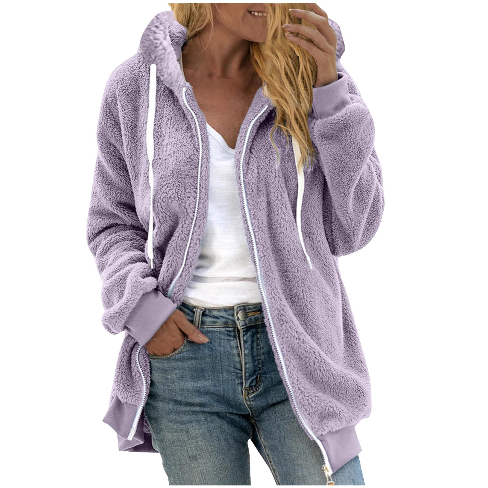 Womens Fleece Jacket Winter Fuzzy Sherpa Caots Hooded Color Block Patchwork Cardigan Coat Fluffy Outerwear With Pocket