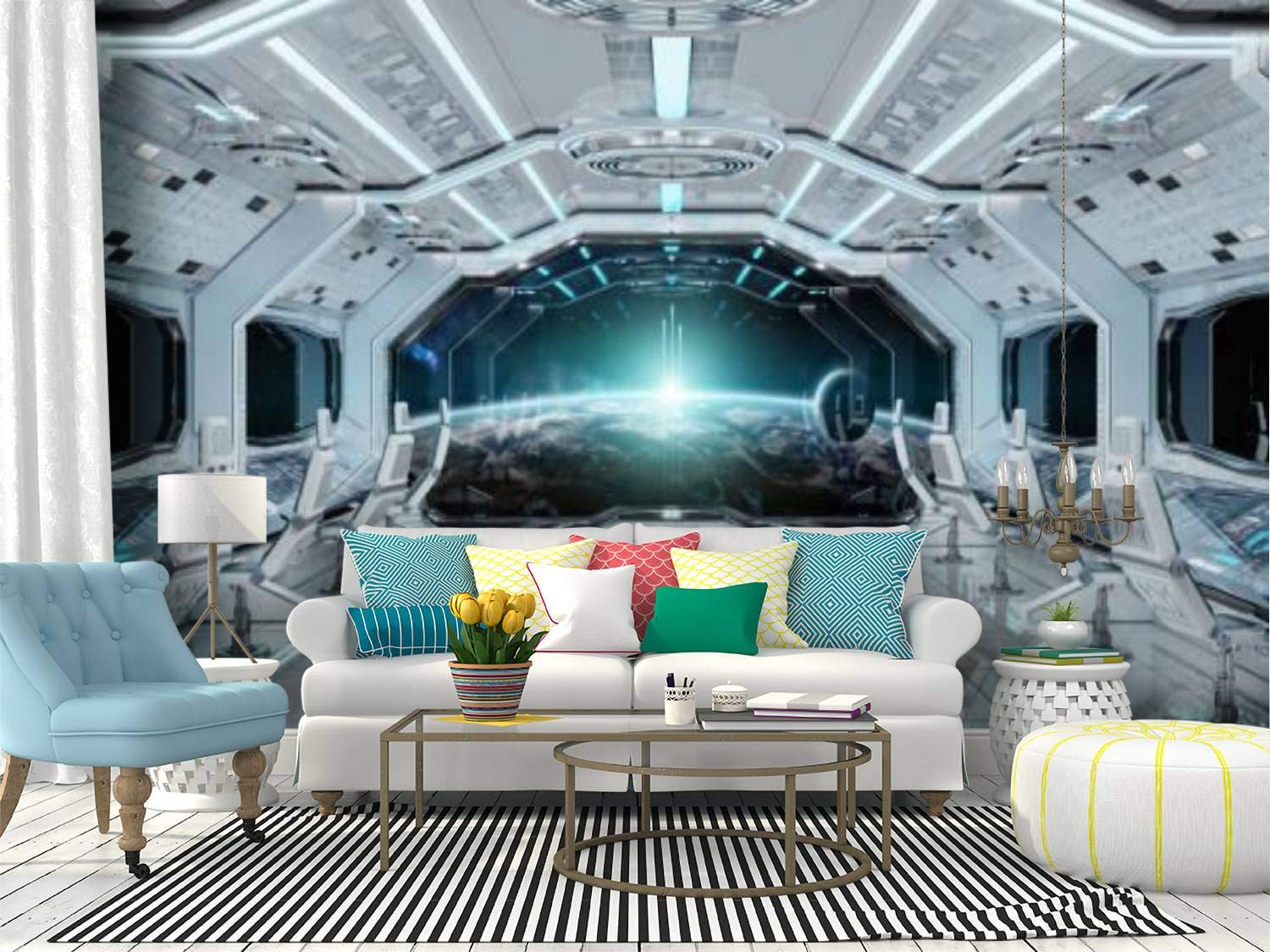 Wall Mural white clean spaceship interior with view on planet earth 3d rendering Peel and Stick Wallpaper Self Adhesive Wallpaper Large Wall Sticker Removable Vinyl Film Roll Shelf Paper Home Decor