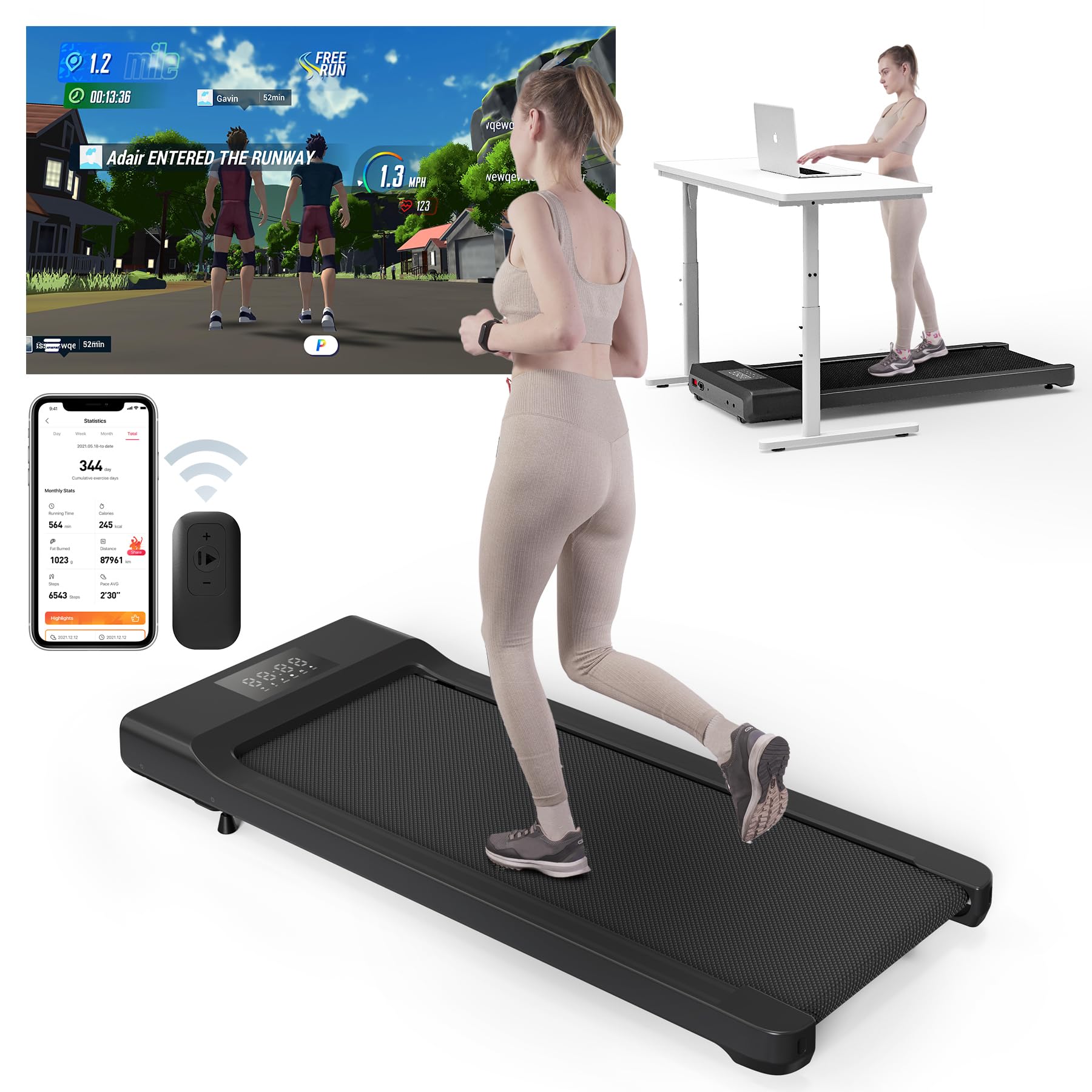 2024 Upgraded Walking Pad Treadmill, Smart Walking Pad, Quiet Under Desk Treadmill for Home Use, Remote Control & App-Enabled, No Assembly Required, Fitness Data Recording