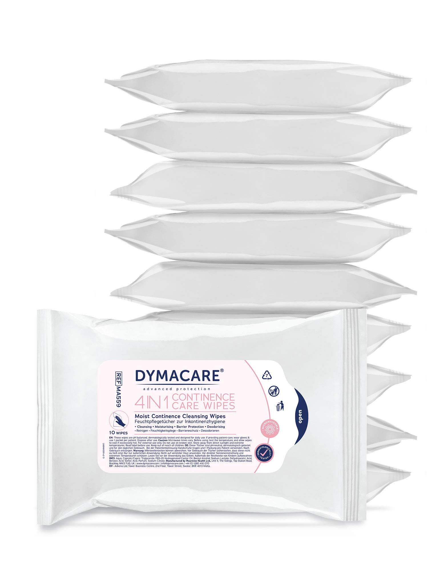 Dymacare4 in 1 Continence Care Wipes 10’s | Adult Scented Premium Incontinence Cloths | Skin Cleansing Wipes with Barrier Protection | 10 Packs of 10 wipes (100 wipes)