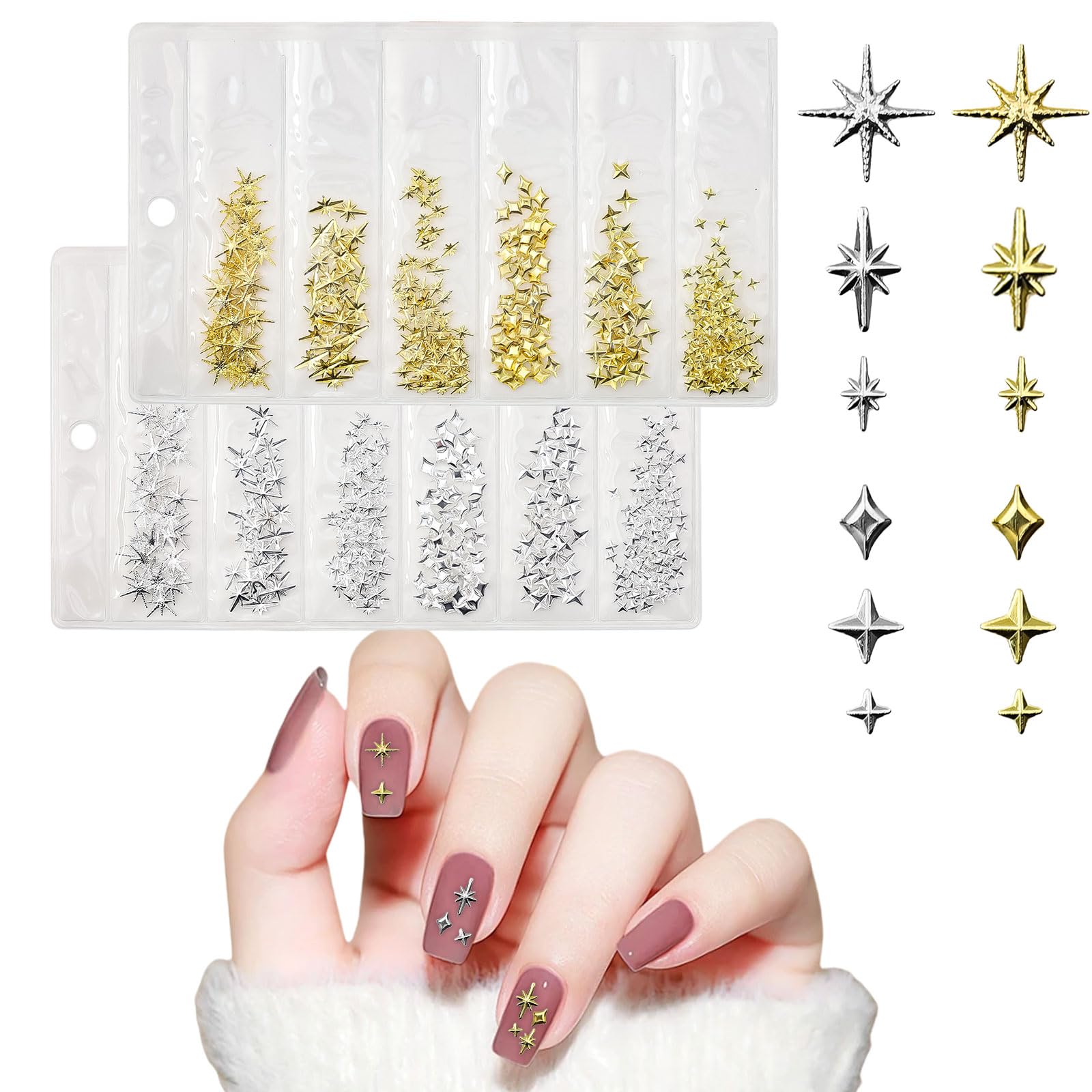 Gold Silver Star Nail Charms, 750 Pcs Mixed Stars Nail Art Charms Nail Studs Punk Metal Rivet Stickers Nail Jewels 3D Nail Art Decorations Accessories for Women Girls Nail Design DIY Crafts