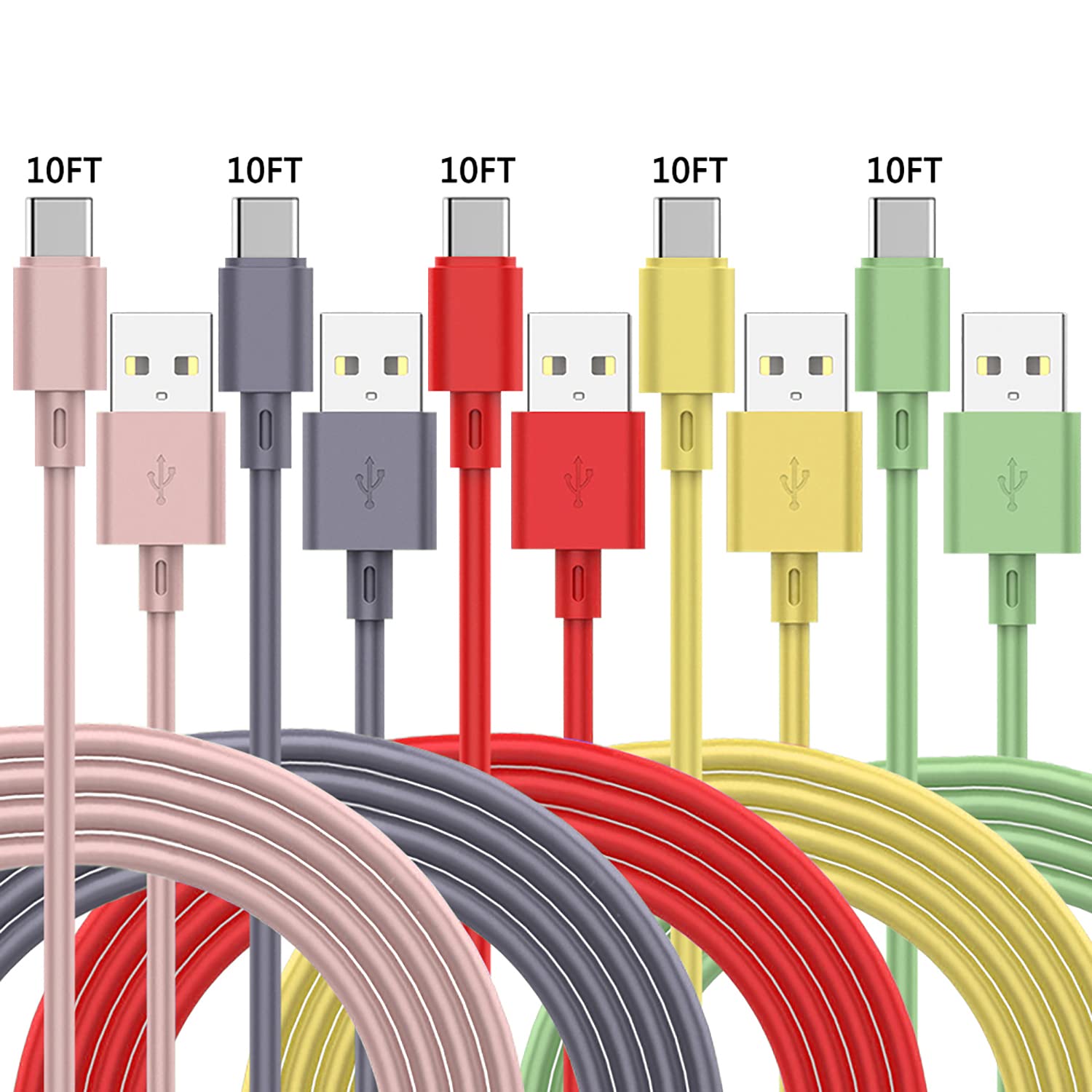 5 Pack 10FT USB Type C Cable, TPE Fast USB C Charging Power Data Sync Cord Phone Charger for Samsung Galaxy A10e A11 A20 A21 A51 A50 A71 A01 S10 S21 S20 FE Note 20, Moto G G7 G6 Z4, LG K51 Stylo 4 5 1