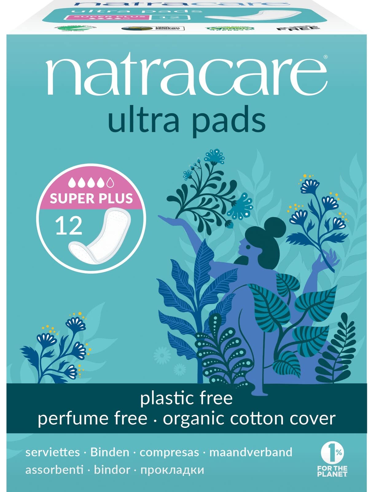 Natracare Slim Fitting Ultra Pads with Wings, Super Plus, Made with Certified Organic Cotton, Ecologically Certified Cellulose Pulp and Plant Starch (1 Pack, 12 Pads Total)