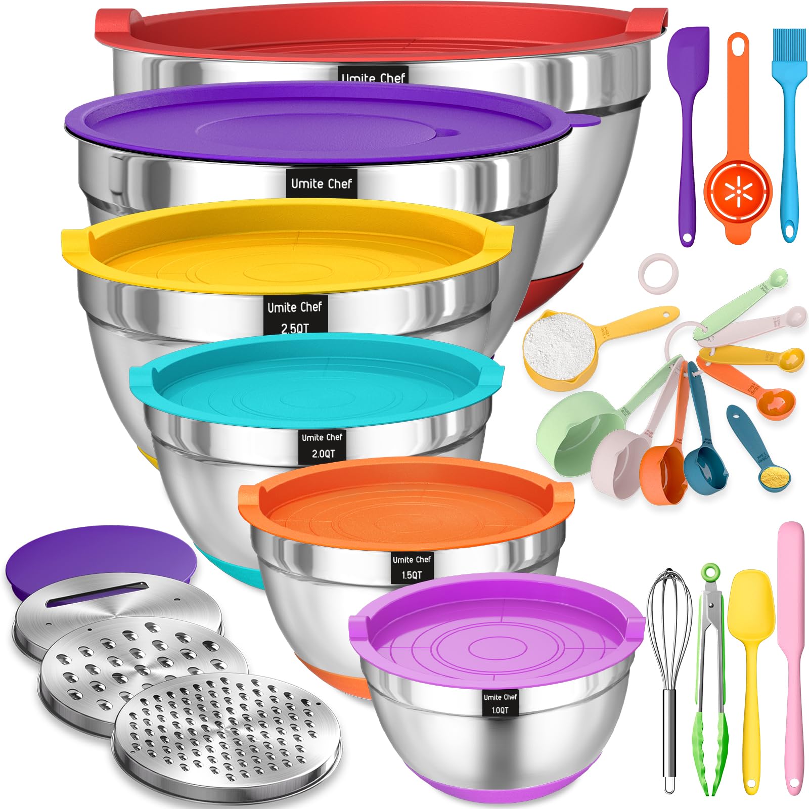 Umite ChefMixing Bowls with Airtight Lids, 26Pcs Stainless Steel Bowls Set, 3 Grater Attachments & Colorful Non-Slip Bottoms Size 7, 4, 2.5, 2.0,1.5, 1QT, Great for Mixing & Serving