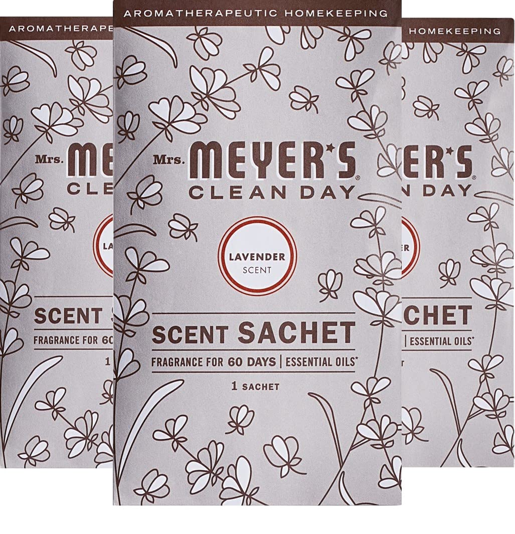 MRS. MEYER'S CLEAN DAY Air Freshener Sachets, Fragrance for your Locker, Car, Closet, and Gym Bag, Lavender, Pack of 3