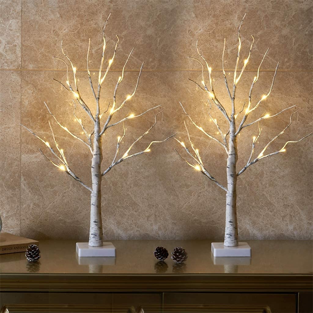 EAMBRITELighted Birch Tree for Christmas Decor, Table Decorations Indoor, 2Pack 24 LED Battery Operated/USB Tabletop Mini Artificial Trees with Lights for Home Centerpiece Mantel (2FT/Warm White)