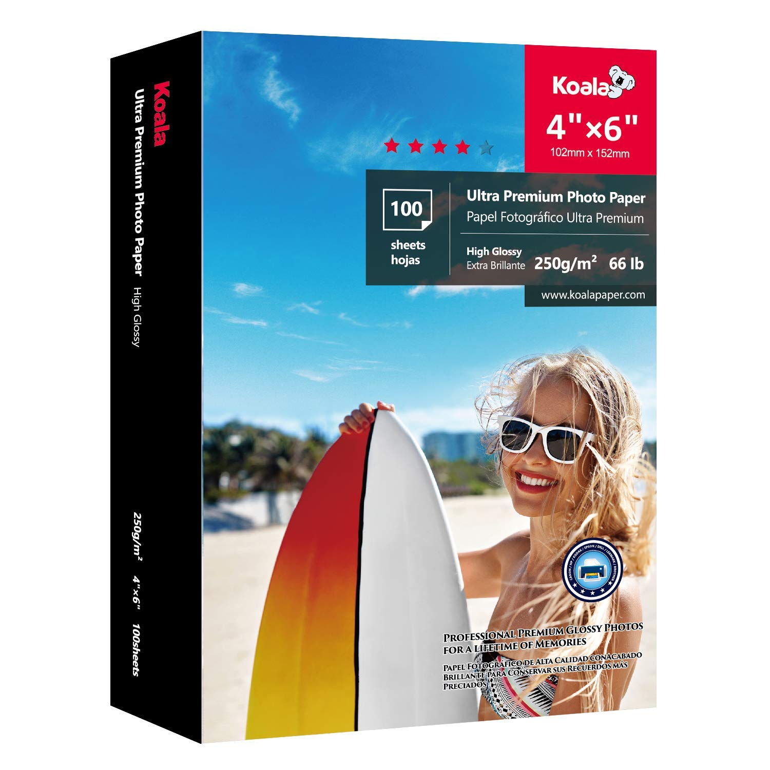 KoalaGlossy Photo Paper 4x6 inch 10x15 cm 250gsm 100 Sheets with Premium High Glossy Advanced Resin Coated for Canon Hp Epson Inkjet Printer