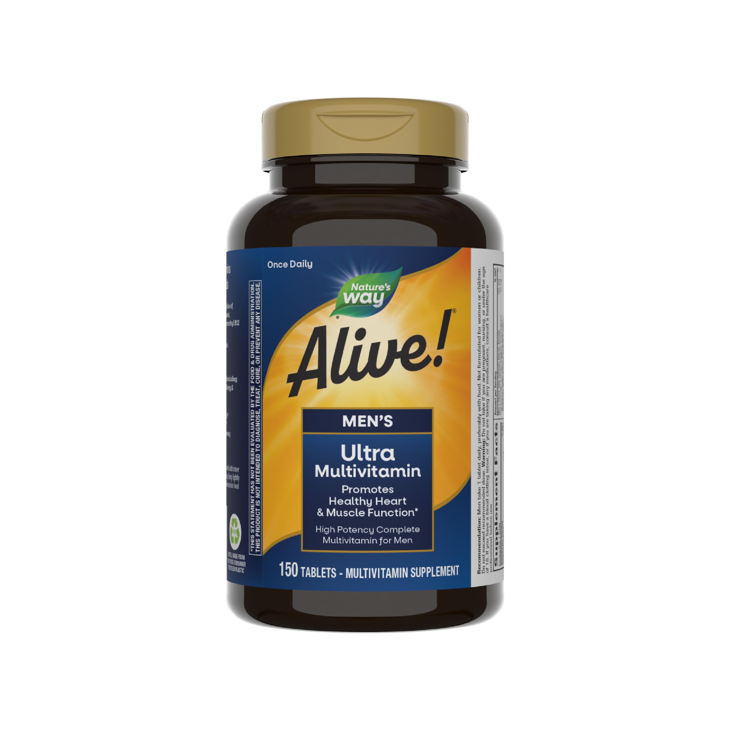 Nature's Way Alive! Men's Daily Ultra Multivitamin, Promotes Healthy Heart & Muscle Function*, with B-Vitamins Including Methylated B12, Gluten Free, 150 Tablets (Packaging May Vary)