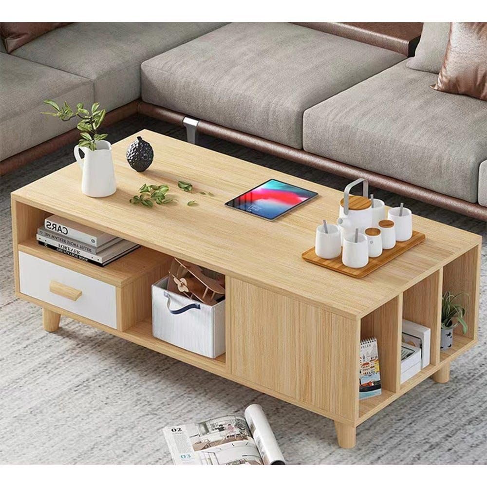 Danube Home Renzo Coffee Table 2-Tier with Drawer Multifunctional Center Table Rectangular Modern Furniture For Living Room Natural Oak 50x100x40 cm