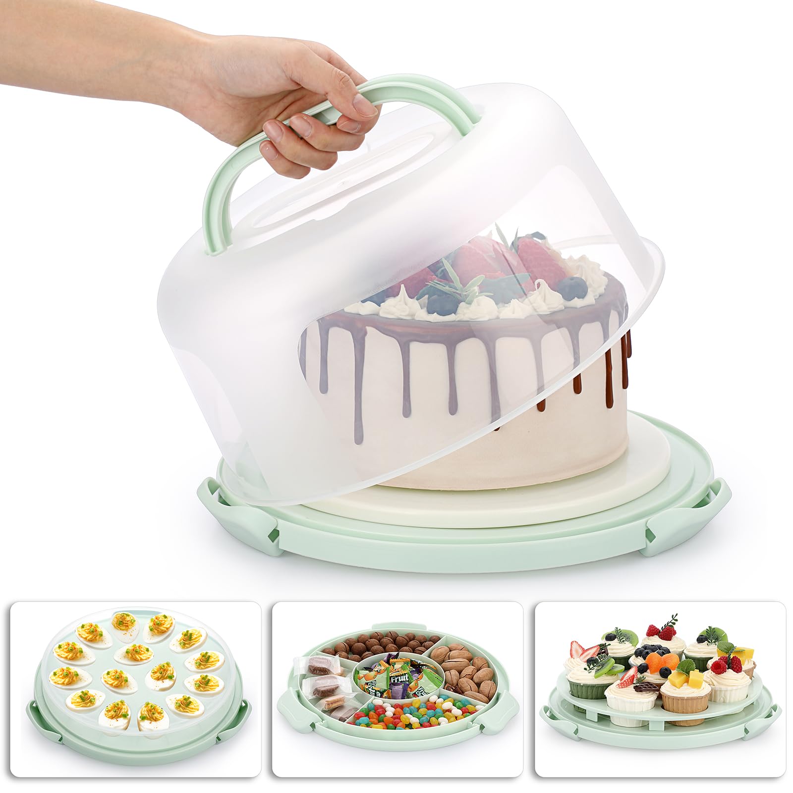 Portable Cake Carrier with Lid and Handle, Devil Egg Container + Cupcake Storage Tray for Transport, 10 Round Cake Container Holder with Two Sided Base for Pies Cookies Nuts Fruit, Green