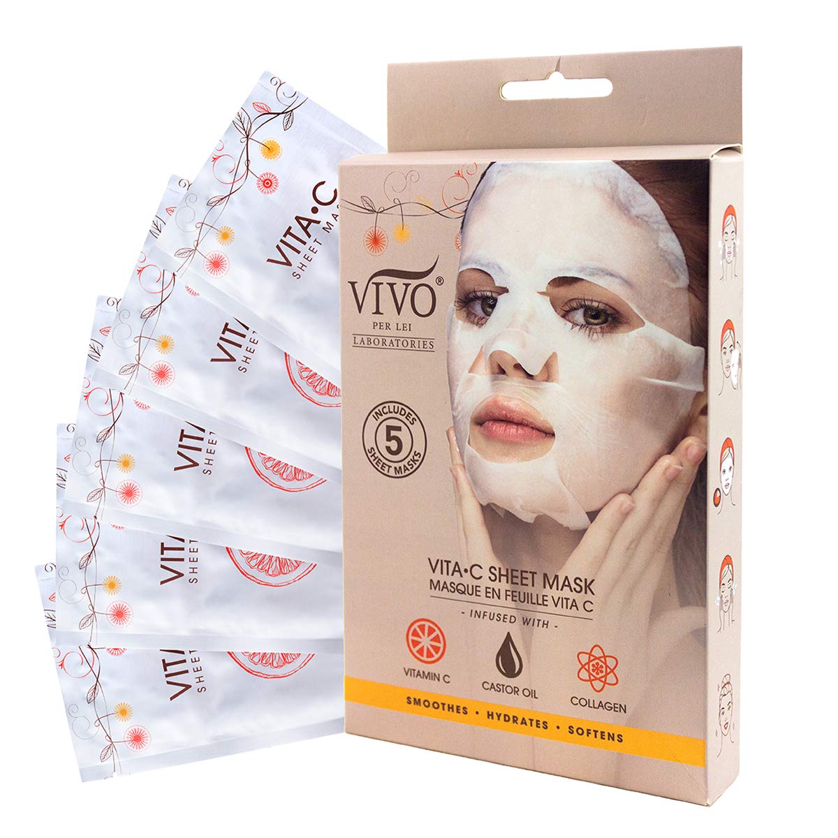 VIVOPer Lei Vitamin C Sheet Mask - Moisturizing Face Mask for Anti Aging - Hydrating Face Mask with Collagen - Vitamin C Mask from (1 Pack)