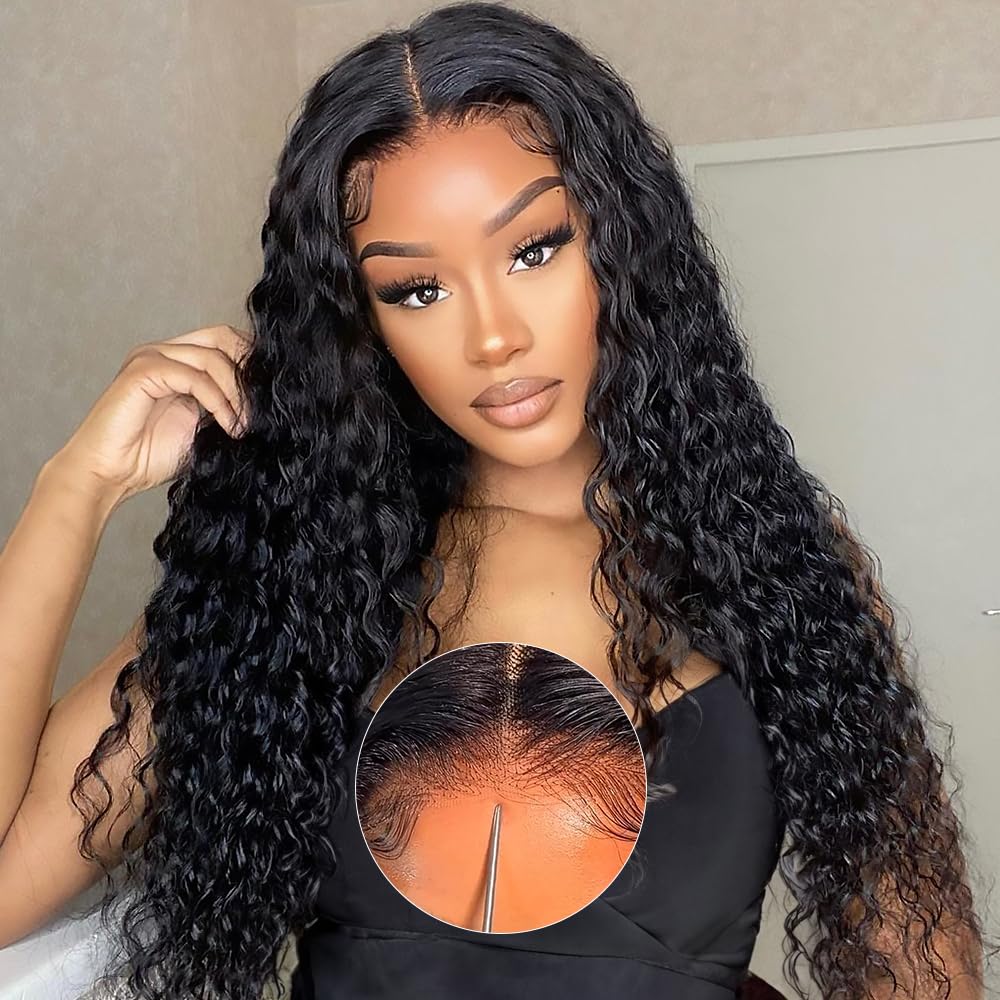 Ali Grace Wear and Go Glueless Wigs Human Hair Pre Plucked Pre Cut,5x5 Water Wave Closure Wigs Deep Curly Glueless Wigs Human Hair 180 Density 3 Seconds to Wear Glueless Wigs for Beginners 24 Inch