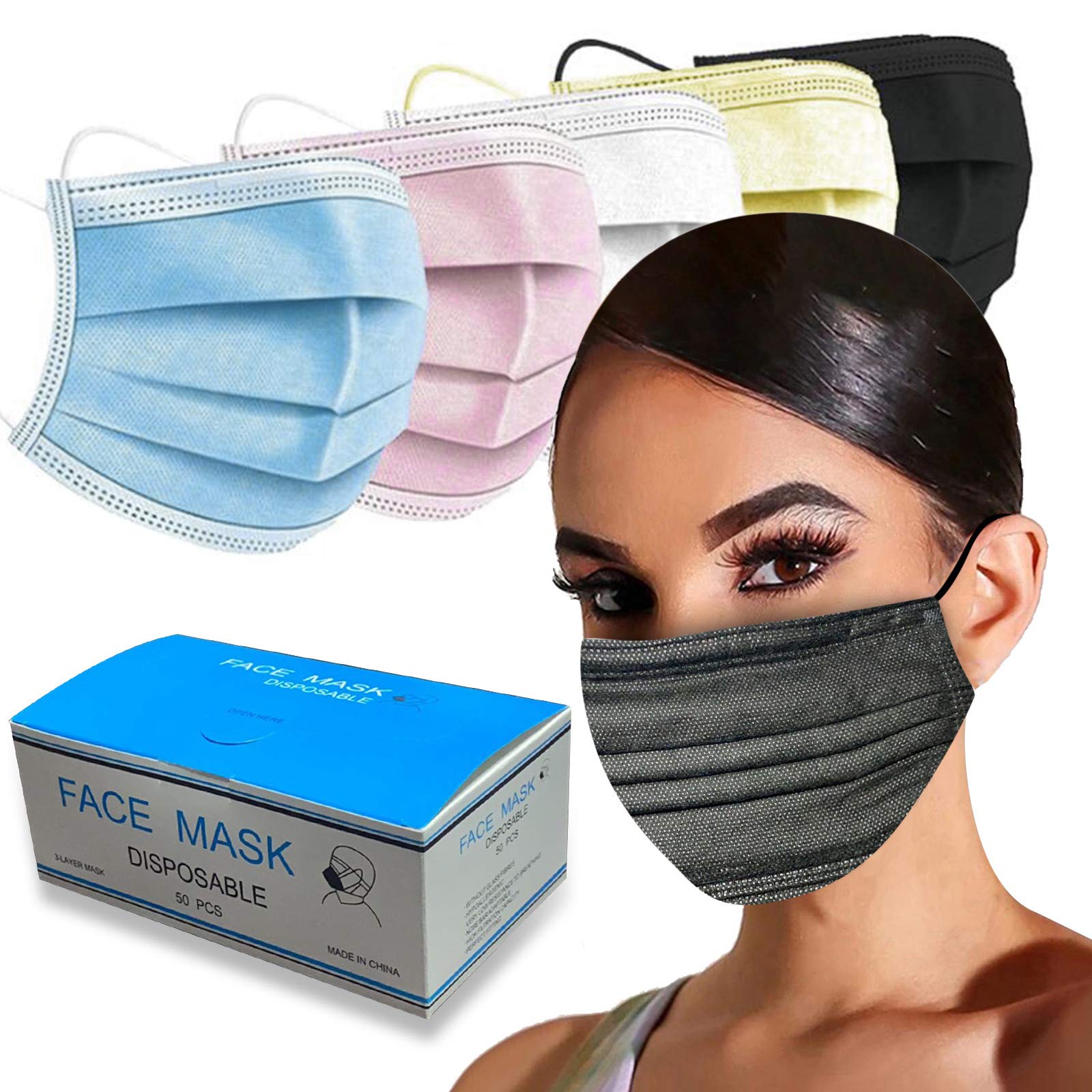 50Pcs Solid Color Adults' Disposable_Face_Masks with Elastic Earloops and Nose Clip 3 Layer Face Protection Against Droplet Anti-Particle and Dust Breathable Mouth Cover Unisex (Mix)