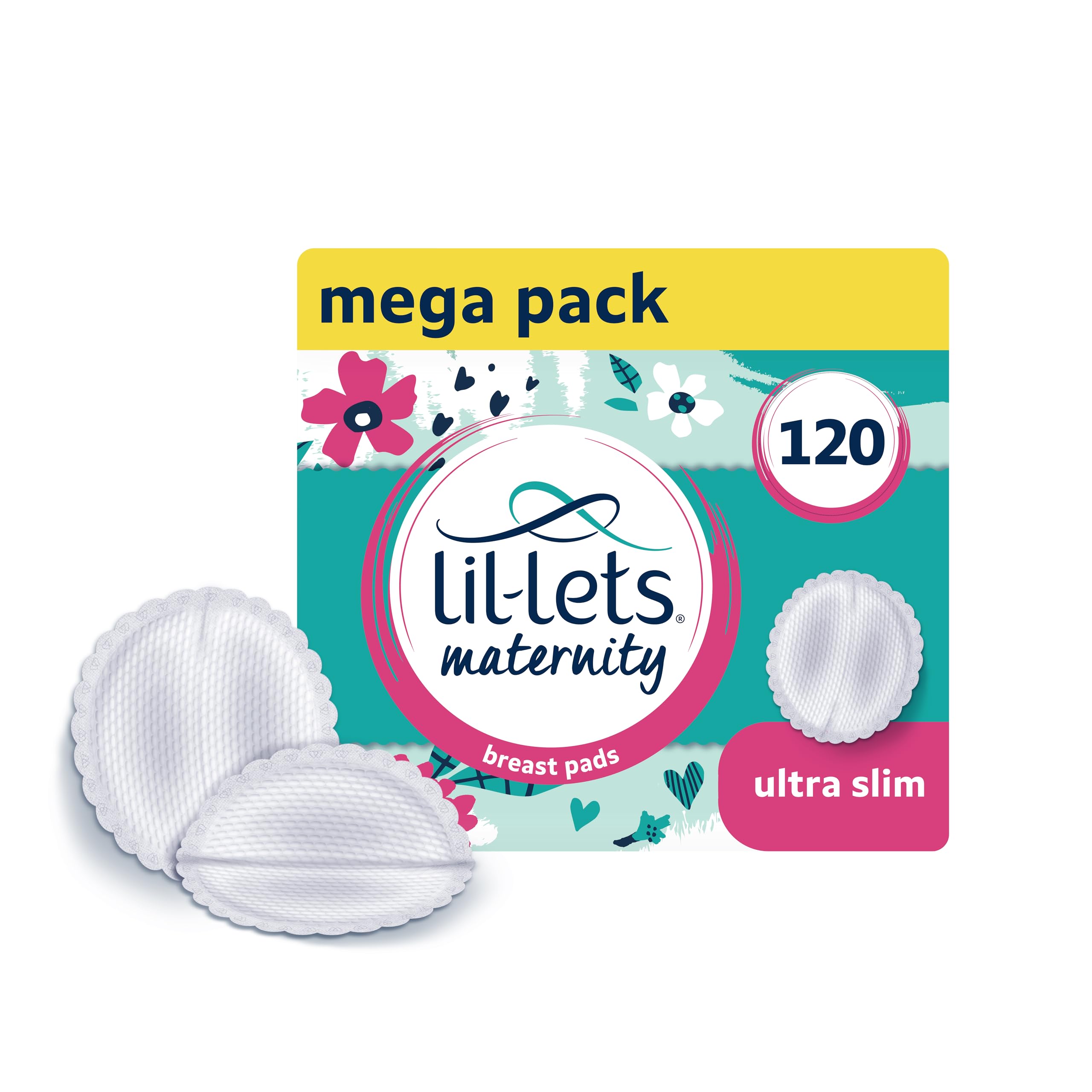 Lil-Lets Maternity Breast Pads, X 120 Count, Disposable Nursing Pads, for Breastfeeding Mums, Individually Wrapped, Ultra Slim & Absorbent Nipple Pads, 4 Packs of 30 Pads, All Breast Sizes